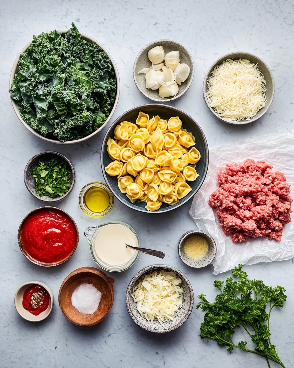 A top-down view of various ingredients neatly arranged on a white marbled surface, including a large white bowl filled with fresh green kale leaves on the left, next to a dark bowl full of yellow tortellini pasta in the center. To the right, on a piece of white parchment paper, there is a pile of raw ground meat with a reddish-pink color. Surrounding these main items are smaller bowls and dishes containing details: shredded white cheese in a textured gray bowl, bright red tomato sauce in a white bowl, chopped white onions in a dark speckled bowl, minced garlic in a small white dish, olive oil with herbs in a small white bowl, ketchup in a small gray cup, a wooden bowl with grated white cheese, a small brown dish with red pepper flakes, a clear measuring jug with creamy white liquid, a tiny brown bowl with a dollop of yellow mustard, and a small gray round dish with salt. Fresh green parsley peeks from the bottom right corner. Photo taken with an iphone --ar 4:5 --v 7