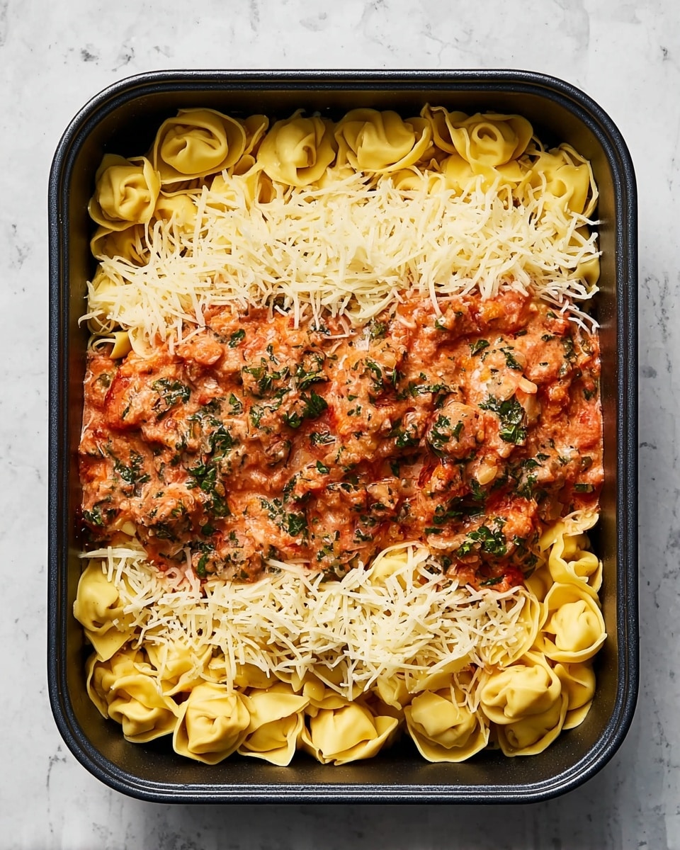 A rectangular black pan holds a layered pasta dish arranged in three clear sections. The bottom layer features yellow tortellini pasta filling the whole pan. On top of this, thin white shredded cheese is spread evenly across the pasta. The top layer is a chunky reddish-orange sauce with bits of green leafy herbs scattered throughout, placed mainly in the center and stretching towards the left side. The pan is set on a white marbled surface. Photo taken with an iphone --ar 4:5 --v 7