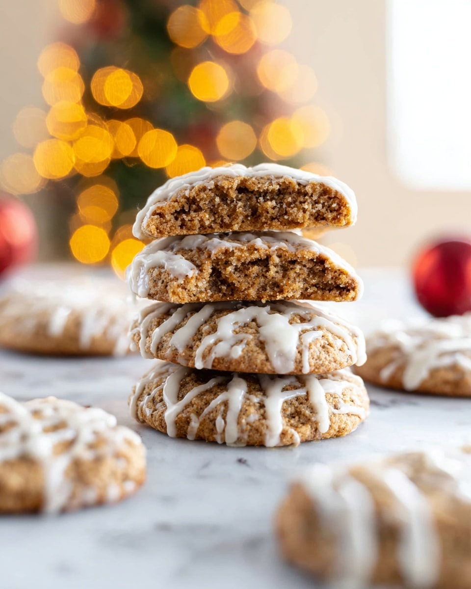 A stack of five light brown cookies with a rough texture and white icing drizzled over the top and sides is shown. The cookie on the very top is split in half, revealing a dense, moist interior with darker brown specks. Around the stack, several more cookies with similar icing are spread randomly on a white marbled surface. The background features soft blurred yellow and orange round lights, giving a warm, festive feeling. Photo taken with an iphone --ar 4:5 --v 7