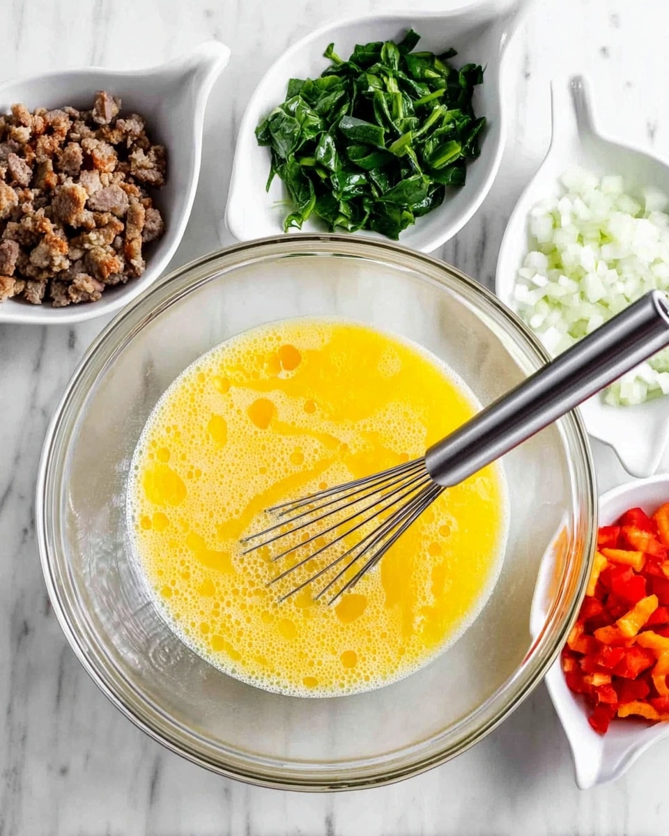 A large clear glass mixing bowl in the center contains a yellow whisked egg mixture with bubbles on the surface and a metal whisk standing inside. Surrounding the bowl on a white marbled surface are four small white measuring cups holding ingredients: bright green chopped spinach at the top, white chopped onions at the top right, brown cooked sausage bits at the right, and diced red bell peppers at the bottom right. The scene is bright and clean with all items clearly visible. Photo taken with an iphone --ar 4:5 --v 7