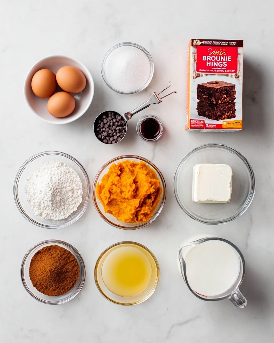 A flat lay of baking ingredients is arranged neatly on a white marbled surface. Starting from the top left, there is a small white bowl holding two brown eggs. Next to it is a clear glass bowl filled with white sugar. Below the sugar is a metal measuring cup with small dark brown chocolate chips. Next to the chocolate chips is a small white bowl containing bright orange pumpkin puree. To the right of the pumpkin puree is a small clear glass bowl with a white block of cream cheese inside. Above the cream cheese is a small glass bottle of vanilla extract with a dark liquid inside. To the bottom right of the cream cheese is a clear glass measuring jug filled with milk. Below the milk is a small clear round bowl holding brown cinnamon powder. To the left of the cinnamon powder is a small white bowl of golden yellow melted butter. Finally, in the top right corner is a bright red Duncan Hines brownie mix box, standing upright with images of stacked chocolate brownies on the front. photo taken with an iphone --ar 4:5 --v 7