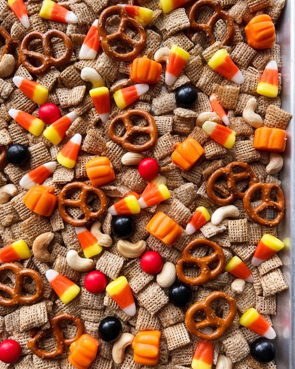 A close-up view of a snack mix spread over a silver tray with a white marbled background. The mix is made of three main layers: small light brown cereal squares with a rough texture forming the base, dark brown pretzels with a shiny, smooth surface scattered on top, and light beige cashew nuts mixed in between. Bright orange pumpkin-shaped candies, yellow and white candy corns, shiny red round candies, and smooth black round candies are sprinkled unevenly over the whole mix, adding vibrant colors and contrast. photo taken with an iphone --ar 4:5 --v 7