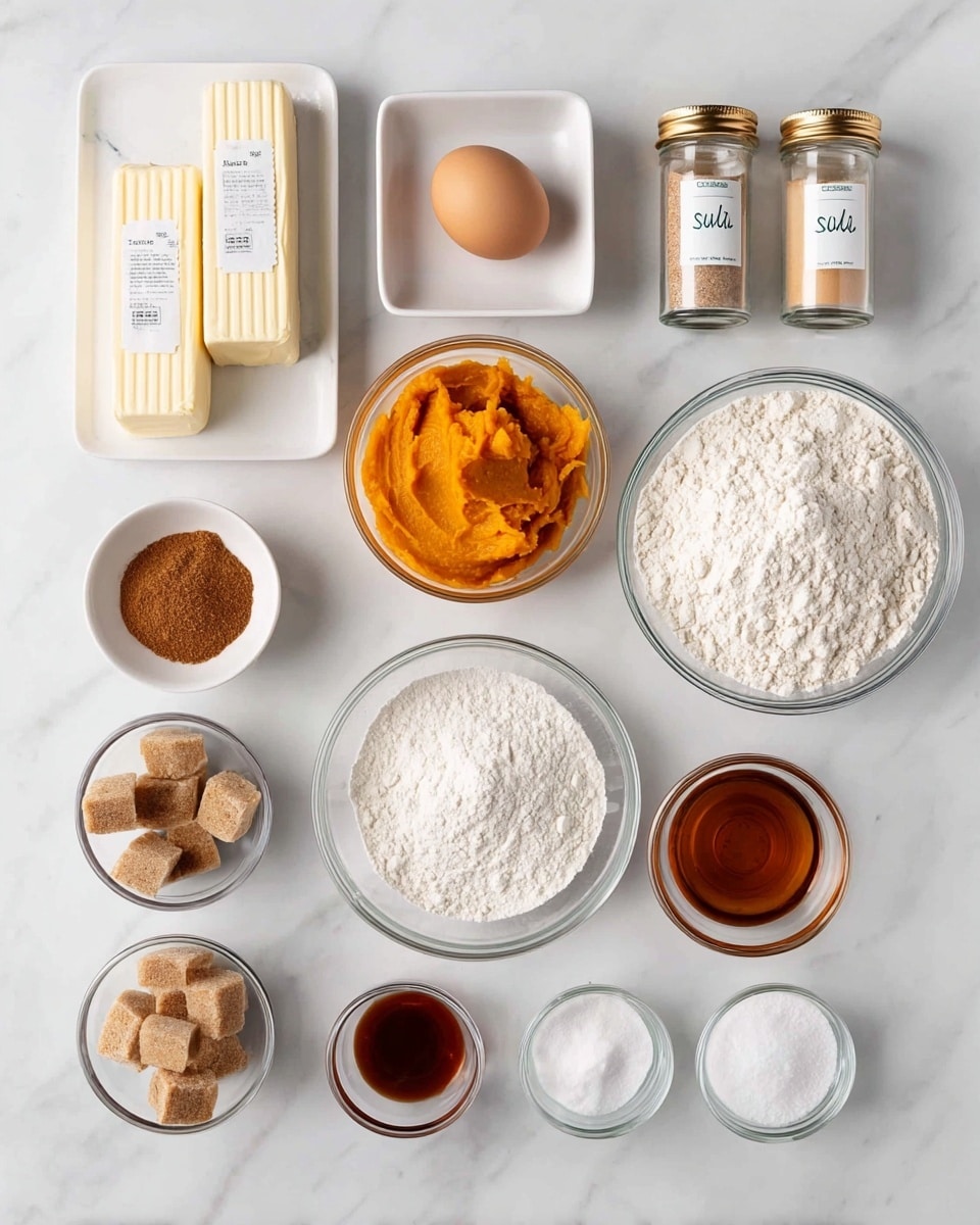 This image shows several small white bowls and glass bowls arranged neatly on a white marbled surface, each holding different baking ingredients. Starting from the top left, there are two sticks of butter in their paper wrapping, below them is a glass bowl with a single brown egg. To the right, there are a small white square dish with brown spice powder, a glass bowl filled with bright orange pumpkin puree, and two tall glass jars with gold lids labeled