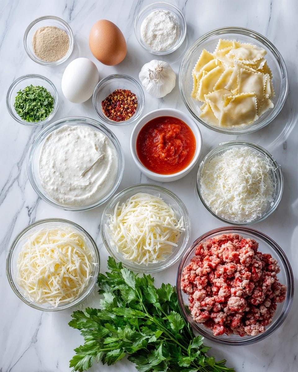 The image shows an arrangement of clear glass bowls with various ingredients placed neatly on a white marbled surface. There are 16 bowls in total, each with a different content: small bowls with beige garlic powder, black pepper, white garlic cloves, white chopped onion, white sour cream, and a brown egg in a white bowl; medium bowls with thick white cream cheese, green Italian seasoning mix, white Kosher salt, red pepper flakes, white ricotta cheese, shredded pale yellow Parmesan cheese, ground Italian sausage with a mix of red and pink shades, bright red marinara sauce, white shredded mozzarella cheese, and pale yellow cheese ravioli; one bunch of fresh green Italian parsley is placed next to the marinara sauce bowl. Each ingredient is clearly visible with distinct colors and textures, arranged in a clean and organized manner. The setting is bright and simple, enhancing the colors of the ingredients. photo taken with an iphone --ar 4:5 --v 7