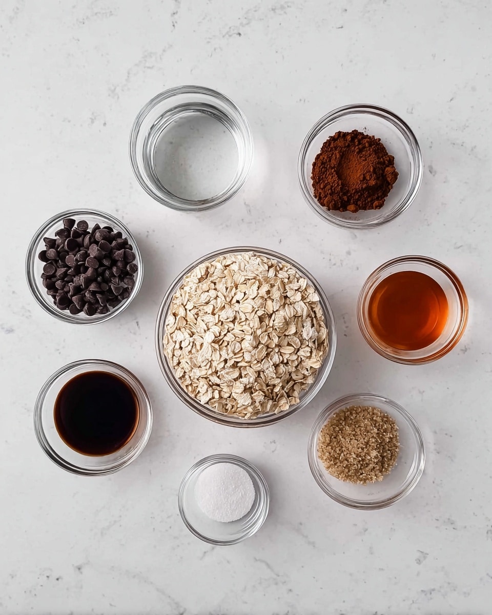 The image shows seven small clear glass bowls arranged in a circle on a white marbled surface. In the center is a large bowl filled with light beige rolled oats. Starting from the top and moving clockwise, a small bowl holds brown cocoa powder. Next is a bowl with a dark amber liquid, then a smaller bowl of dark brown vanilla extract. A very small bowl with white granulated salt is next. Then a bowl with light brown brown sugar sits at the bottom. On the left side, a medium bowl contains clear water. Finally, a bowl filled with small dark chocolate chips is placed on the upper left side. All bowls are transparent and the marbled surface is bright and clean. photo taken with an iphone --ar 4:5 --v 7