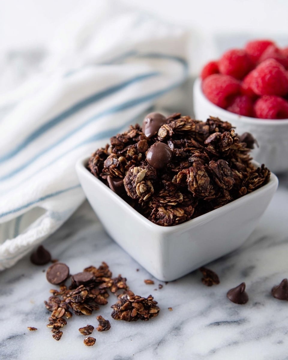 A small white square bowl filled with dark brown granola clusters mixed with large milk chocolate chips is set on a white marbled surface. Granola crumbs are scattered around the bowl in front. Behind and slightly to the left, there is another small white bowl filled with fresh red raspberries. A white cloth with thin blue stripes is draped on the left edge of the image. The light is soft and natural, and the focus is sharp on the granola bowl while the raspberry bowl is slightly blurred in the background. photo taken with an iphone --ar 4:5 --v 7