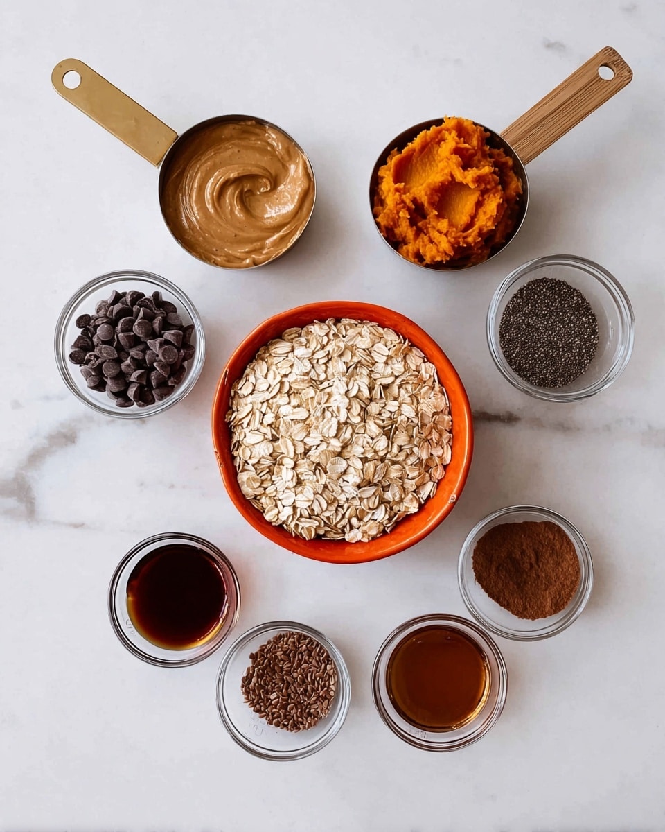 The image shows several small white bowls and metal measuring cups arranged neatly on a white marbled surface. In the center, there is a round orange bowl filled with dry light brown rolled oats. To the left, a metal cup with a wooden handle holds smooth peanut butter in a light brown color, and above it, another metal cup with a wooden handle contains thick orange pumpkin puree. Below, a clear glass bowl is filled with small dark brown chocolate chips. To the right of the oats, there is a clear glass bowl of dark brown flaxseed meal and a smaller glass bowl with black chia seeds. Above these, a white measuring cup holds dark amber maple syrup. Two smaller glass bowls below the oats contain dark brown ground cinnamon and dark brown vanilla extract. The items are spread evenly, creating a clear and simple layout. photo taken with an iphone --ar 4:5 --v 7