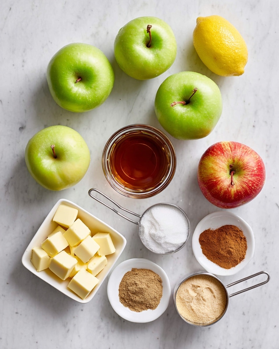 The image shows a top-down view of fresh ingredients neatly arranged on a white marbled texture. There are seven apples in total, three bright green apples and four red-yellow apples with natural shading and stems visible, scattered across the surface. In the center, a small round glass bowl contains a dark amber liquid. Around it, there is a white square dish with small cubes of pale yellow butter, a metal measuring cup filled with light brown sugar, a small round glass bowl with white powder, and a white square dish holding three piles of different spices—two shades of brown and one light beige. A single bright yellow lemon is placed near the top of the image. The scene is bright, clean, and well-lit, with crisp colors and soft natural shadows showing texture. Photo taken with an iphone --ar 4:5 --v 7