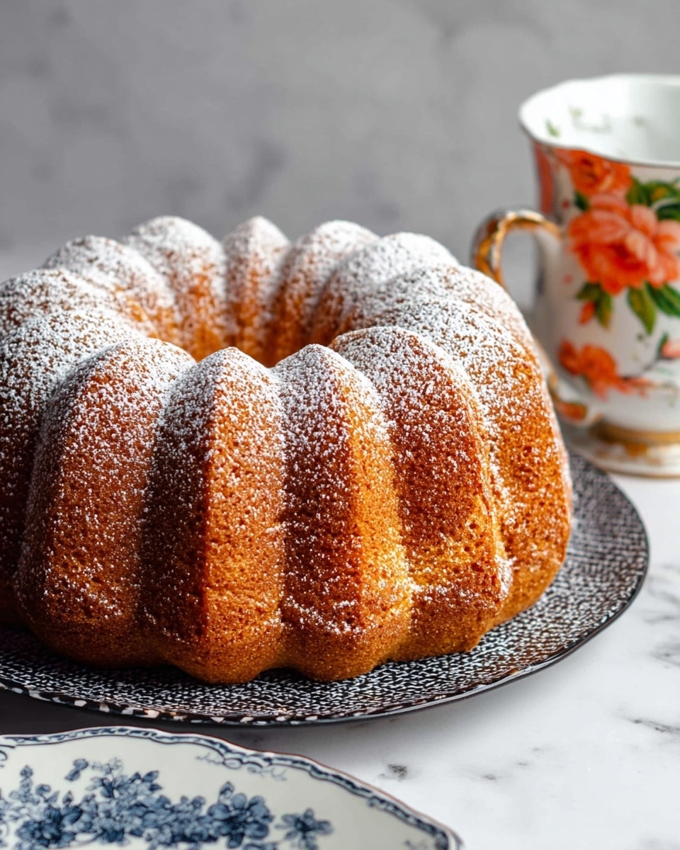 A golden-brown bundt cake with a detailed ridged pattern stands in the center of a white marbled surface, dusted lightly with white powdered sugar that adds a soft texture on top and in the ridges. The cake rests on a dark patterned round plate, creating a contrast with the cake's warm color. On the right side, a white cup decorated with orange and green floral patterns is partially visible, adding a splash of color to the scene. In the foreground, the edge of a white plate with blue floral designs is visible, complementing the setup with a touch of classic elegance. photo taken with an iphone --ar 4:5 --v 7