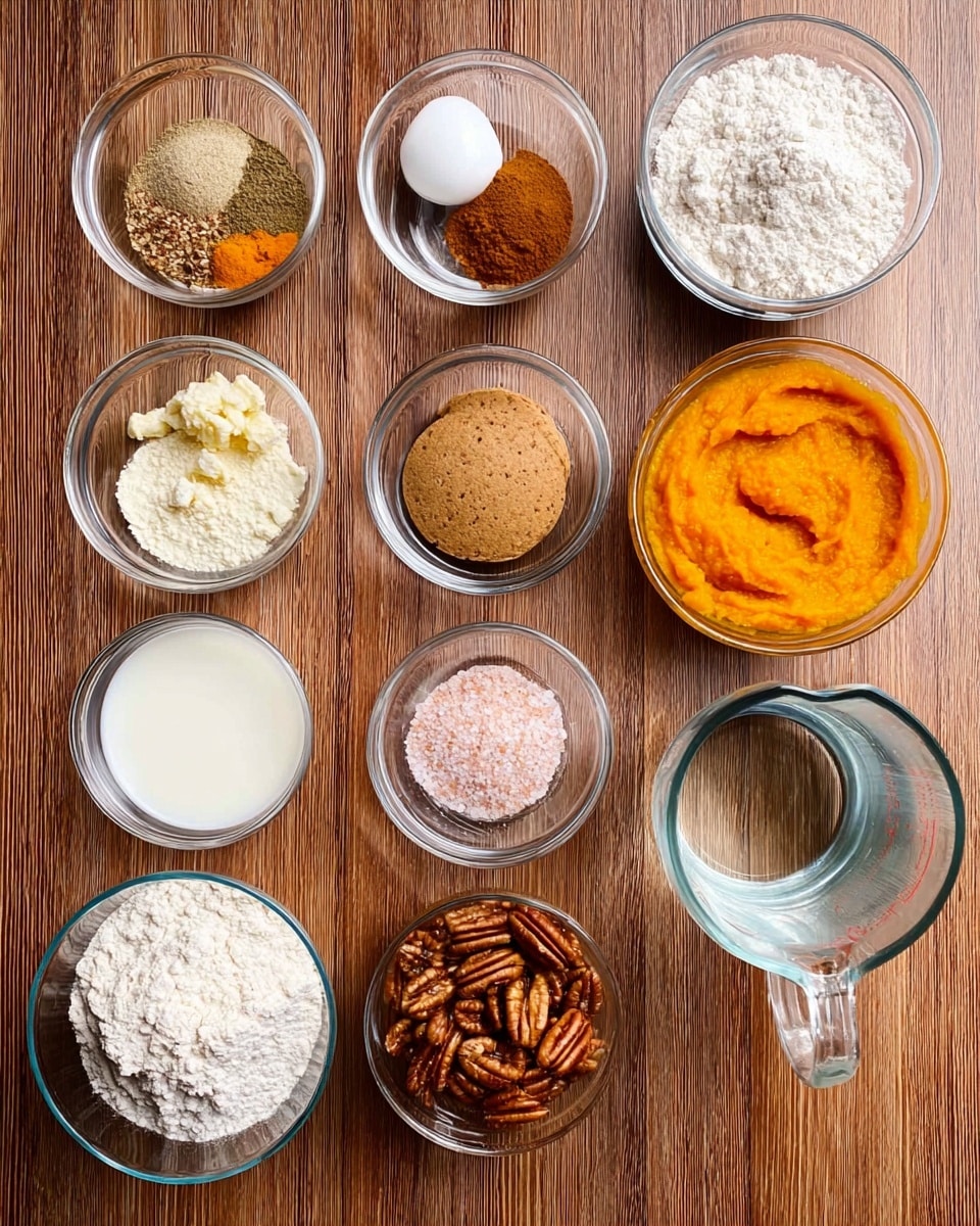 A group of clear glass bowls and a clear measuring cup sit on a brown wooden surface arranged in three rows. The top row has four bowls: the first with mixed dry spices in beige and brown colors, the second with white powder, the third with white sugar and a round brown sugar disk resting inside it, and the fourth with cinnamon powder and pink salt. The middle row has four bowls: the first with white liquid, the second with melted butter in light yellow, the third with smooth orange pumpkin puree, and the fourth with whole brown pecan nuts. The bottom row has three containers: the first has white sugar and a round brown sugar disk on top, the second is filled with white flour, and the third is a clear measuring cup filled with water. The overall setup is neat and bright. Photo taken with an iphone --ar 4:5 --v 7