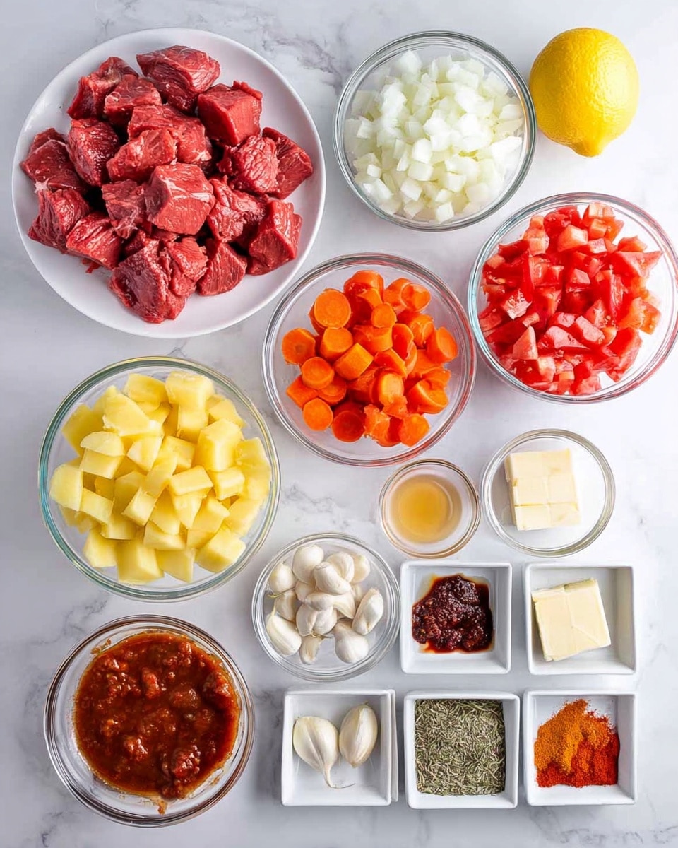 The image shows several clear glass and white dishes arranged on a white marbled surface, each containing different ingredients. In the top left is a white plate piled with raw, red beef chunks next to a whole yellow lemon. To the right are two large clear glass bowls filled with diced tomatoes and diced white onions. Below those are smaller bowls and dishes holding various items: yellow cubed potatoes, chopped carrots, tomato sauce with whole tomato pieces, chopped garlic, brown sugar, paprika powder, a dark sauce in a white bowl, small butter cubes in a white square dish, dried herbs in a white square dish, a dark red paste in a small clear bowl, and another reddish spice in a small glass bowl. Everything is neatly arranged and visually separated by color and texture photo taken with an iphone --ar 4:5 --v 7