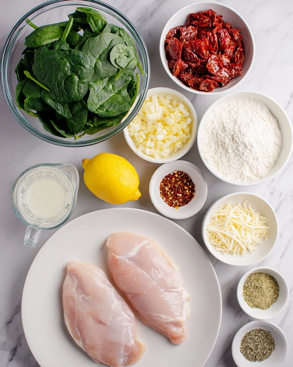 Two raw light pink chicken pieces lie on a white plate at the bottom center, with a whole yellow lemon above them. To the left, a glass bowl filled with fresh dark green spinach leaves sits on a white marbled surface. Above the lemon and chicken, several small white bowls hold different ingredients: finely chopped light yellow garlic, small pieces of greenish-yellow pepper, shredded white cheese, diced white onion, and a mix of red and green spices. At the top center, a white bowl contains chunky red sun-dried tomatoes, and next to it is another bowl with white flour. A clear glass measuring cup with white liquid is at the bottom left. photo taken with an iphone --ar 4:5 --v 7