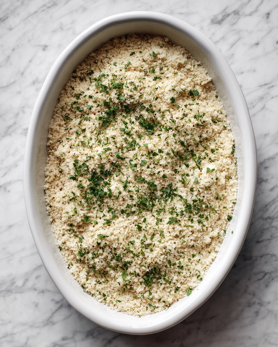 An oval white baking dish filled with a single thick layer of a crumbly mix that is light beige in color, sprinkled evenly with finely chopped green herbs on top, giving it a textured and slightly rough surface. The dish is placed on a white marbled surface. photo taken with an iphone --ar 4:5 --v 7