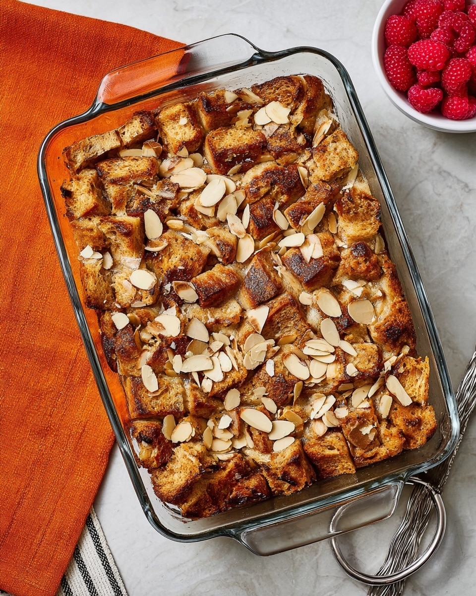 The image shows a clear glass baking dish filled with a bread pudding layered dish. The base layer is made up of toasted brown bread cubes with a slightly crispy and browned texture. Scattered on top are slivered almonds, light tan in color and evenly spread across the bread pieces. The dish is placed on a white marbled surface, with a folded orange cloth napkin to the top right and a small white bowl filled with fresh red raspberries beside it. A striped cloth with a metal ring is partially visible at the bottom right corner. Photo taken with an iphone --ar 4:5 --v 7