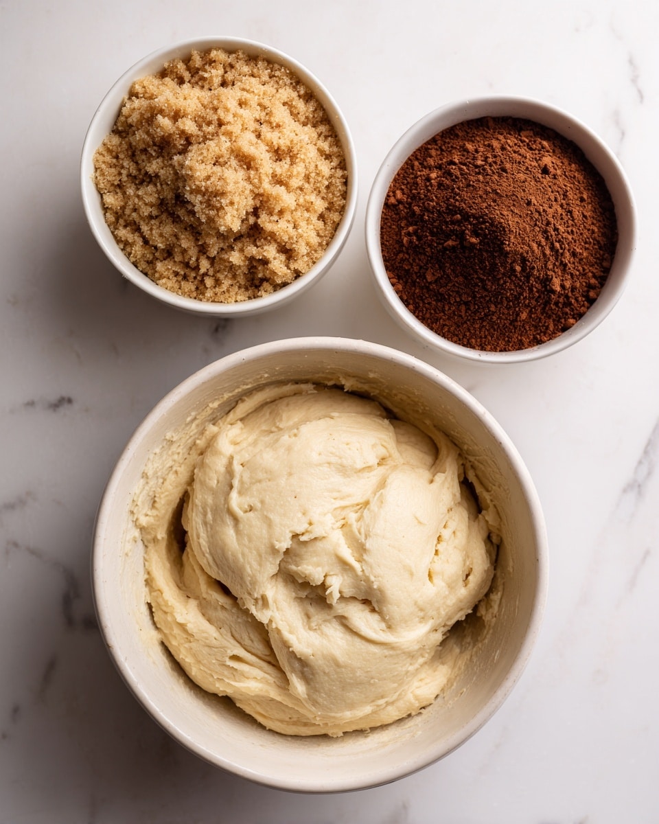 The image shows a close-up top view of three round bowls on a white marbled surface. The largest bowl at the bottom is filled with light beige dough that looks soft and smooth with some small folds. Above it, on the right, there is a bowl with dark brown powder, which looks like cinnamon. On the left, another bowl contains light brown sugar with a crumbly texture. The bowls are simple and white, making the colors of the ingredients stand out clearly. Photo taken with an iphone --ar 4:5 --v 7