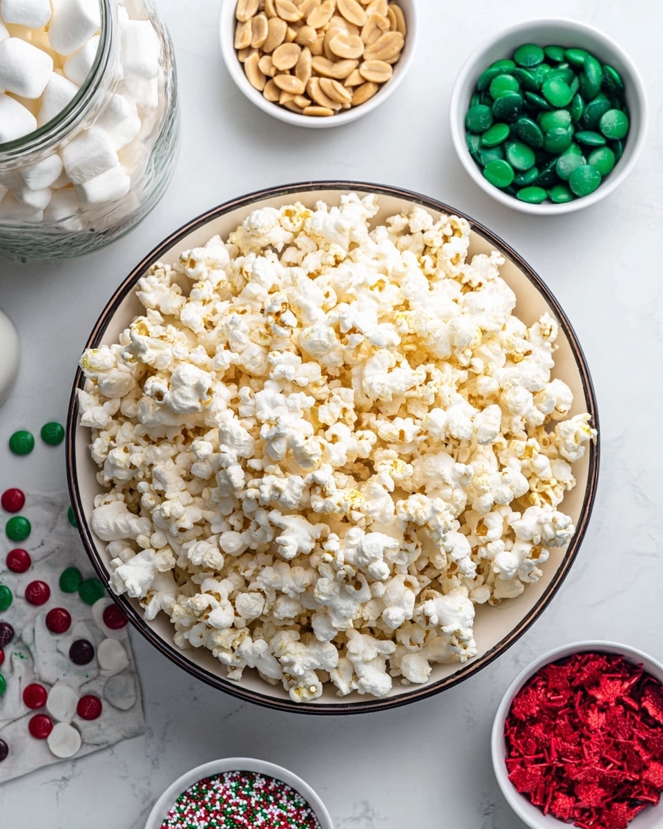 A large white bowl with a thin dark rim is filled with a big pile of white, fluffy popcorn with some pieces slightly golden. Around the bowl, there are four small white bowls: one at the top filled with light tan peanuts, one on the left with dark green candy melts, one on the right with bright red candy melts, and one small bowl with red, green, and white sprinkles scattered on the white marbled surface around it. In the top left corner, a glass jar with mini white marshmallows is partially visible. The scene is neat and placed on a white marbled surface photo taken with an iphone --ar 4:5 --v 7