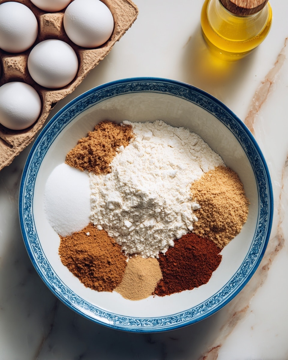 A white bowl with a blue rim sits on a white marbled surface, filled with separate piles of dry ingredients: white flour, brown sugar, ginger powder, cinnamon, nutmeg, and baking powder, all neatly placed in small sections inside the bowl. To the top left, a carton holds three white eggs, and a yellow bottle of vanilla extract is partially visible. photo taken with an iphone --ar 4:5 --v 7
