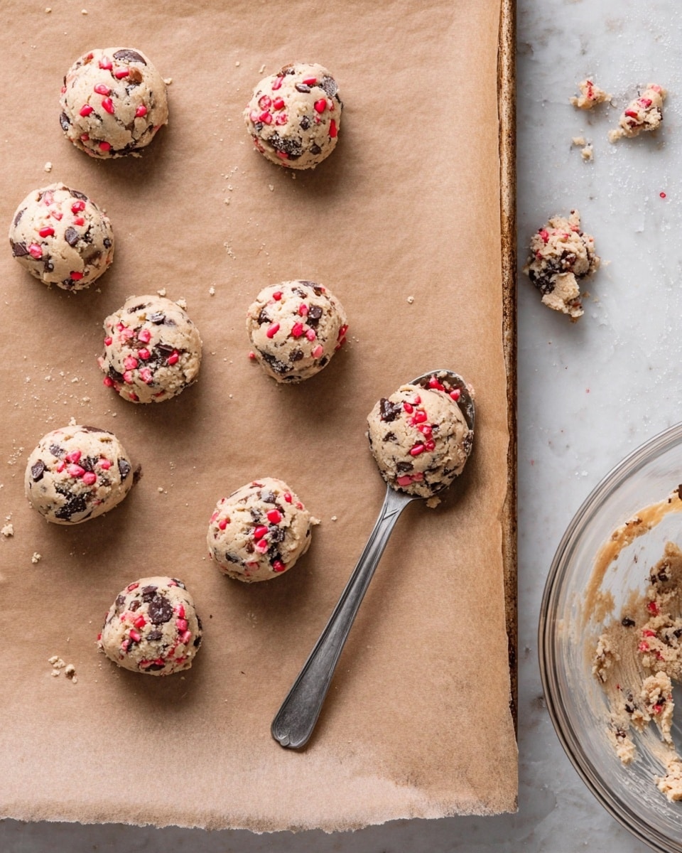 Seven small cookie dough balls with a rough texture and a mix of beige dough, dark chocolate chunks, and red sprinkles are placed on a sheet of brown parchment paper, which sits on a baking tray. To the right, a silver spoon holds a small amount of the same dough, resting on a white marbled surface. The lower right corner shows part of a glass bowl with more cookie dough inside. Small crumbs and pieces of dough are scattered around. photo taken with an iphone --ar 4:5 --v 7