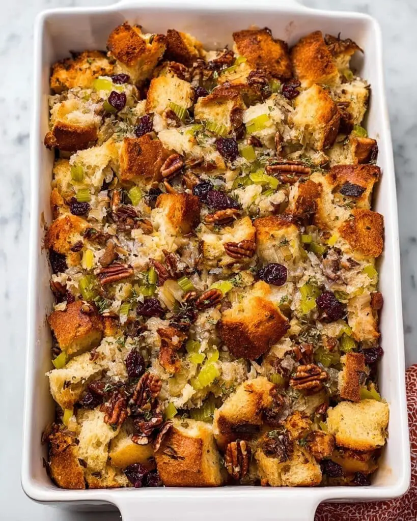 Cornbread and English Muffin Stuffing with Cranberries, Pecans, and Herbs Recipe
