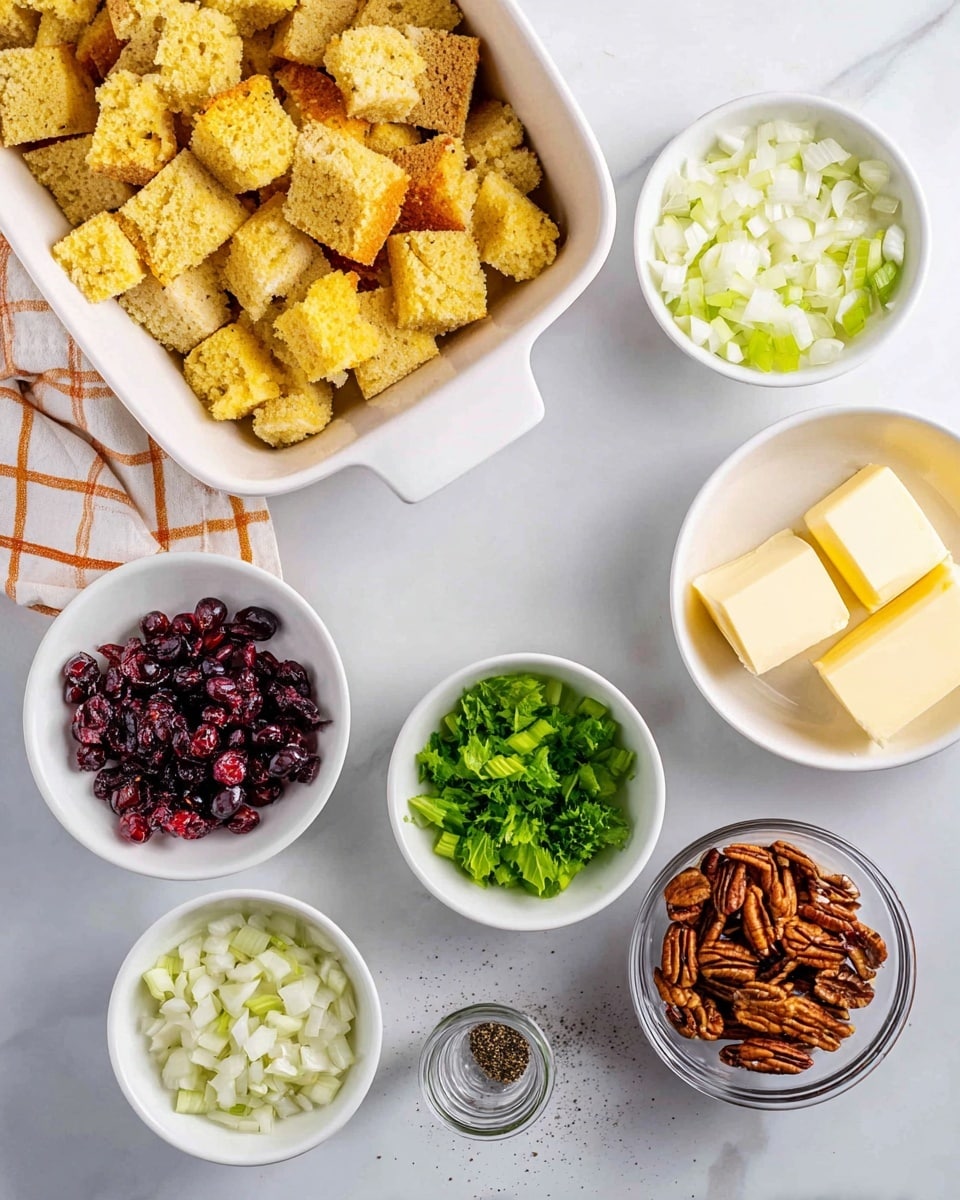 The image shows an overhead view of various ingredients placed in white bowls and on a white marbled surface. There is one large white baking dish with golden yellow and light brown cornbread cubes, some with a rough texture. Surrounding this are five white bowls: one filled with chopped raw onions showing a mix of white and pale yellow pieces, another with small dark red dried cranberries, one with bright green chopped celery pieces, another with fresh green parsley leaves, and the last with medium brown pecan halves. Beside these is a clear rectangular dish with four rectangular blocks of pale yellow butter. A small glass container of black pepper is tipped over on the marbled surface, spilling a bit of pepper. The corner of a white cloth with orange grid lines is visible in the top left. photo taken with an iphone --ar 4:5 --v 7
