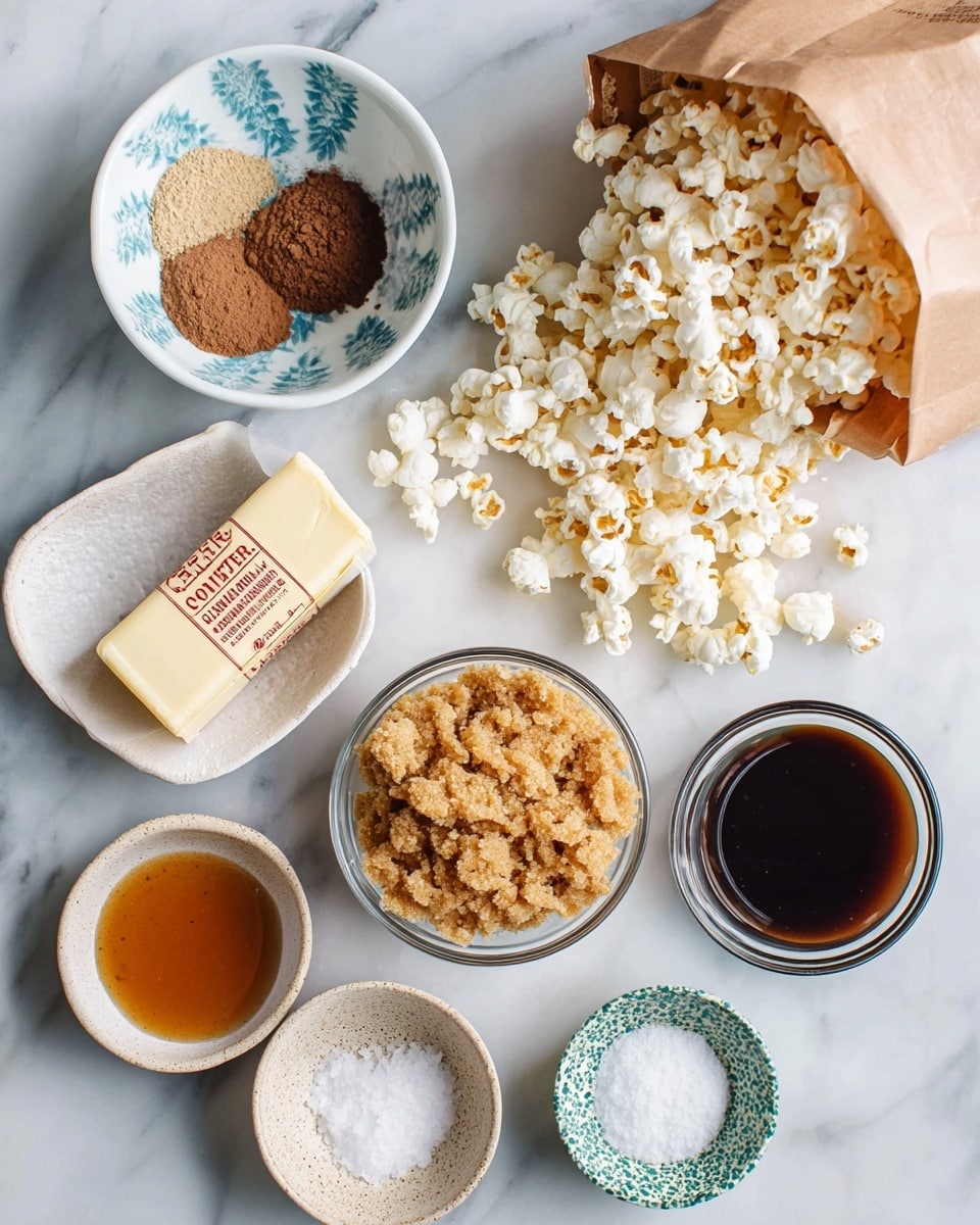 The image shows several ingredients arranged neatly on a white marbled surface. Starting from the top left, there is a small white bowl with light blue leaf patterns filled with two types of brown powders. Just below it, a stick of unsalted butter wrapped in its paper packaging lies flat. To the right, a brown paper bag is open, spilling white popcorn kernels with a few scattered on the surface. Below, a clear glass bowl holds light brown, crumbly brown sugar. To the right, a small white bowl contains a dark brown liquid. At the bottom left, there is a small white bowl filled with a caramel-colored liquid, next to it a textured beige bowl holds white salt. Lastly, a small bowl with a green and blue leaf pattern contains white powder. All items are spaced out on the white marbled surface, arranged in a casual yet organized way. photo taken with an iphone --ar 4:5 --v 7