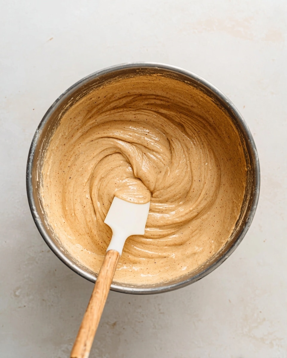 The image shows a metal mixing bowl filled with smooth, light brown batter with small darker brown specks. A white spatula with a wooden handle rests inside the bowl, partly dipped in the batter as if just stirred. The bowl sits on a white marbled surface, and the batter has a creamy texture with soft swirls made from stirring. photo taken with an iphone --ar 4:5 --v 7