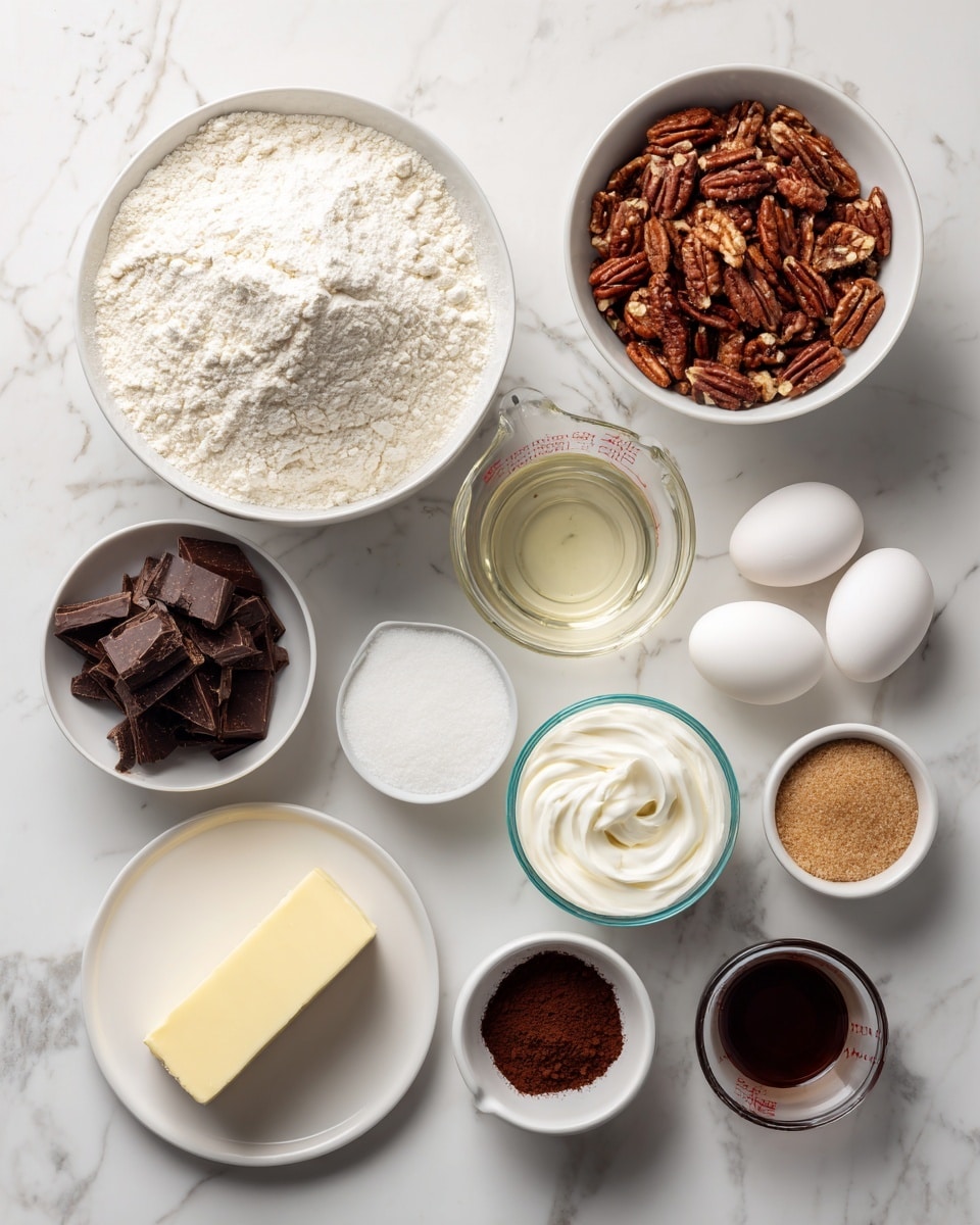 The image shows several white bowls and a white plate filled with baking ingredients placed on a white marbled surface. There is one large white bowl filled with white flour at the top left, and next to it on the right is a large white bowl with chopped brown pecans. Below the flour is a glass measuring cup with clear light corn syrup. To the right of the measuring cup is a small clear glass holding white heavy whipping cream. Two white eggs are placed in the center of the image. To the right of the eggs is a small white bowl with chunks of dark brown semi-sweet chocolate. Below the chocolate is a small white bowl filled with light brown brown sugar. Next to the brown sugar, on the right, is a small white bowl of dark brown cocoa powder. At the bottom left corner, there is a white plate holding a stick of yellow unsalted butter. Finally, at the bottom center is a small clear bowl with dark vanilla liquid. photo taken with an iphone --ar 4:5 --v 7