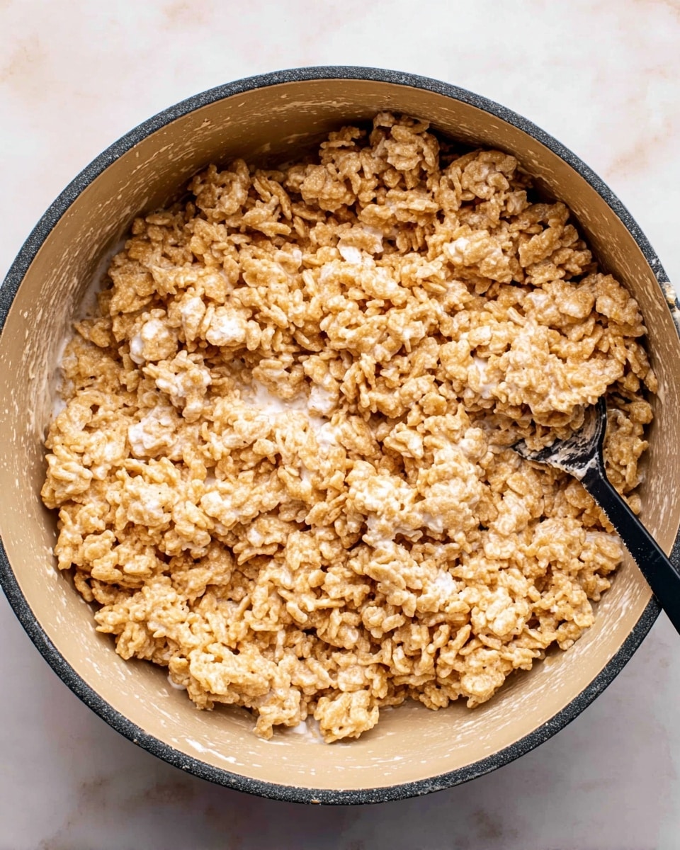 A round pot filled with a sticky and clumpy mix of light brown crispy rice cereal and melted white marshmallows. The mix has a soft, sticky texture with some marshmallow strings visible among the cereal clusters. A black spoon is partially buried in the mixture towards the right edge inside the pot. The pot is light beige inside with a dark rim around the top and the pot sits on a white marbled surface. photo taken with an iphone --ar 4:5 --v 7