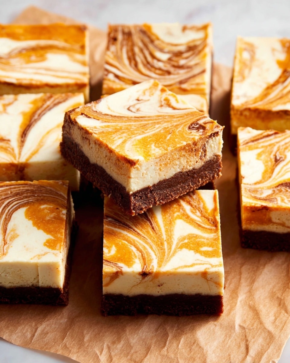 The image shows thick square pieces of a layered dessert placed on a white marbled surface. Each piece has three visible layers: the bottom layer is dark brown, dense, and crumbly, likely a crust; the middle layer is thick, creamy, and light orange with a slightly textured surface; the top layer is smooth, white with swirled light orange patterns creating a marbled effect. The edges of the dessert are clean and sharp, giving a neat look. The focus is on one central piece with others slightly blurred in the background, highlighting the texture and color contrast between the layers photo taken with an iphone --ar 4:5 --v 7
