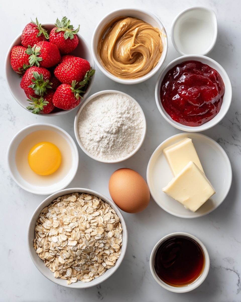 A top view shows several white bowls and dishes arranged on a white marbled surface, each filled with different ingredients. From top left, a bowl holds bright red strawberries with green leaves. Next to it on the right is a bowl of smooth tan peanut butter. Below, a small bowl contains light brown granulated sugar, and beside it, another bowl holds off-white cornstarch powder. In the center, a small dish with white sugar sits nearby a plate with a pale yellow stick of butter. At the bottom, a bowl is filled with beige rolled oats. Nearby, there is a white bowl of white flour, a small dish with glossy, deep red strawberry jam, an egg with a white shell, and a small cup of dark brown vanilla extract. All items are clearly separated and arranged neatly. Photo taken with an iphone --ar 4:5 --v 7