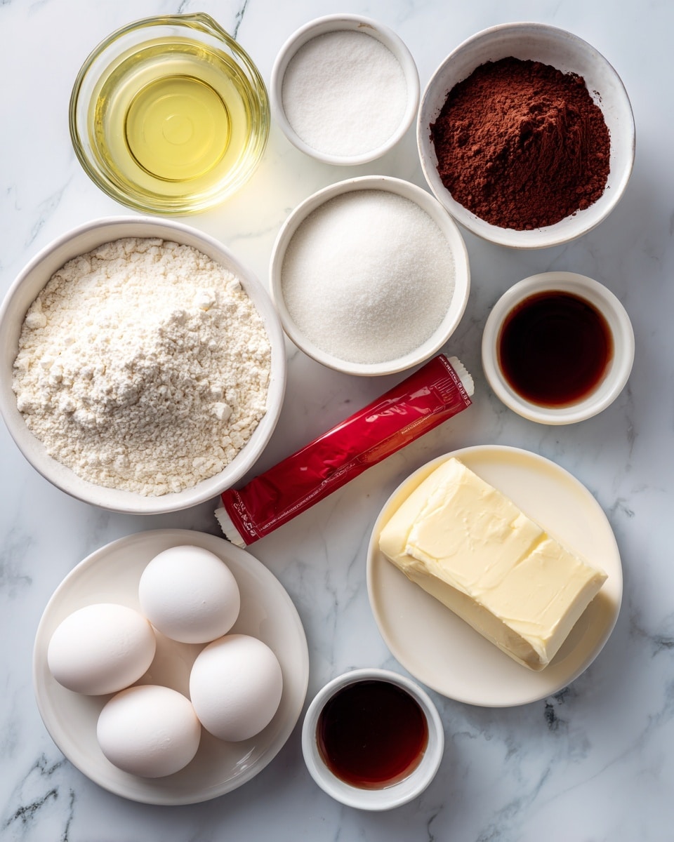 The image shows labeled baking ingredients arranged on a white marbled surface. At the top left is a clear glass cup filled with a pale yellow liquid labeled neutral oil. To its right, a white bowl holds white flour and dark brown cocoa powder side by side. Below the glass cup, a white bowl contains white granulated sugar. In the center, a red tube labeled red food coloring lies flat. To the right of it, a round white plate holds a block of creamy white cream cheese. Near the bottom center, four white eggs are placed together. Below the eggs, a white plate with a stick of pale yellow butter sits to the left, and two small white bowls are nearby; one with clear white vinegar and the other with dark brown vanilla extract. All items are spaced nicely with clear labels. Photo taken with an iphone --ar 4:5 --v 7
