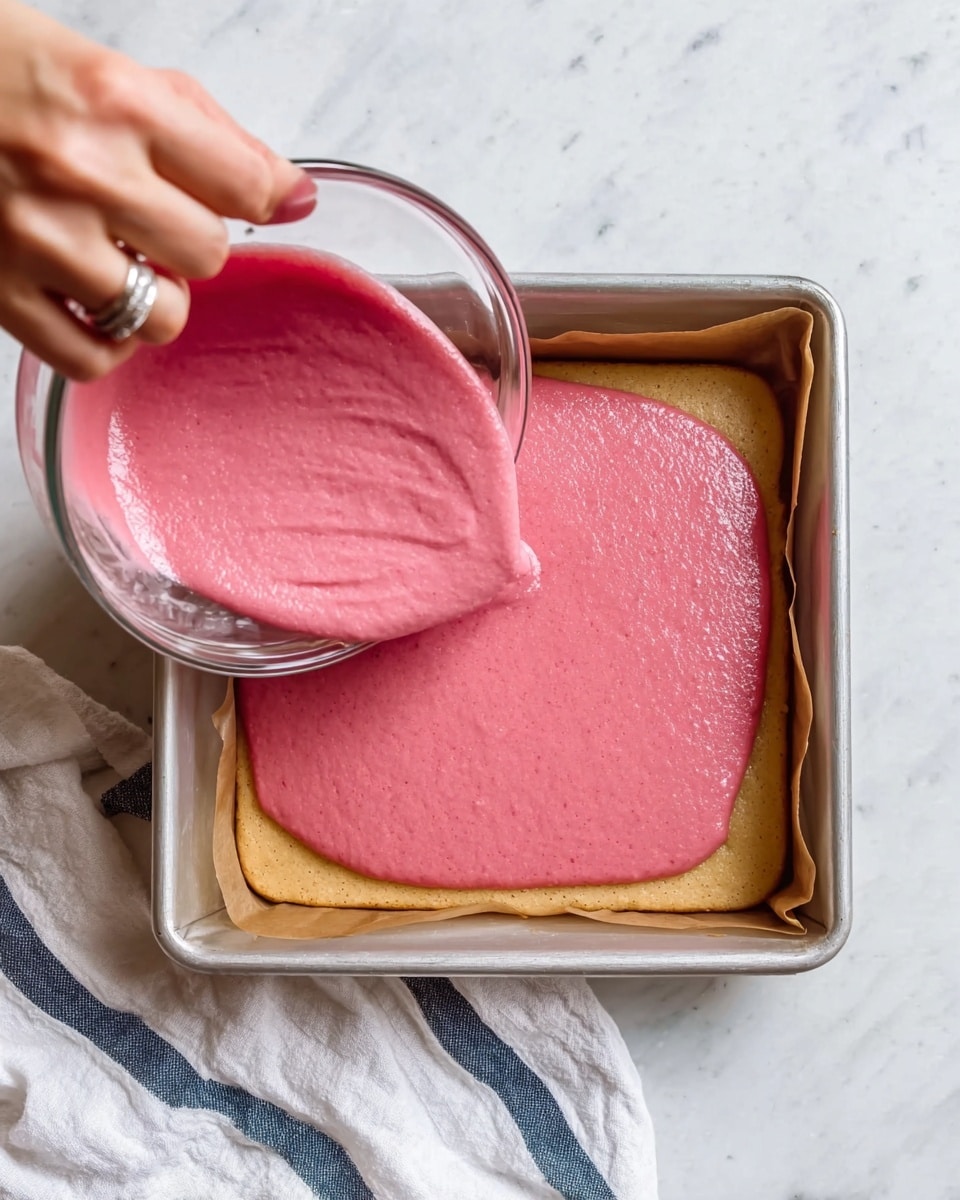 A golden brown baked crust forms the base layer, neatly fitting inside a square metal baking pan lined with parchment paper. On top, a thick layer of smooth, vivid pink batter is being poured evenly from a clear glass bowl held by a woman's hand wearing a simple ring. The pan rests on a white marbled surface with a folded white cloth featuring dark blue stripes placed underneath one corner. The colors contrast well, showing the fresh and creamy texture of the pink batter against the firm crust photo taken with an iphone --ar 4:5 --v 7