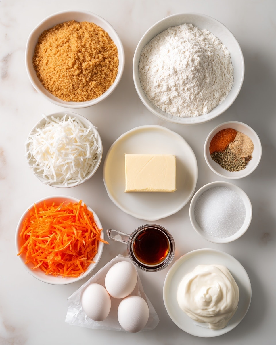 A top-down view of ten white bowls and dishes showing baking ingredients arranged neatly on a white marbled surface. Starting from the top center is a bowl full of light brown sugar with a crumbly texture. To its left below is a white bowl filled with fine, white flour. Below and to the right of the flour is a white bowl with white shredded coconut, loose and stringy. To the right of the brown sugar bowl is a white bowl containing a small pile of mixed spices and a small pile of white baking powder. Below that is a bowl of thick, white sour cream. Beneath the shredded coconut bowl lies a small white plate holding a square block of cream cheese. To the bottom left is a round measuring cup with bright orange shredded carrots. Below the carrots is a small white bowl filled with granulated sugar. At the bottom center is a small glass dish with dark vanilla extract. To the right of the vanilla dish are two white eggs next to a wrapped stick of pale yellow butter. The scene is well-lit, clear, and minimalistic, photo taken with an iphone --ar 4:5 --v 7