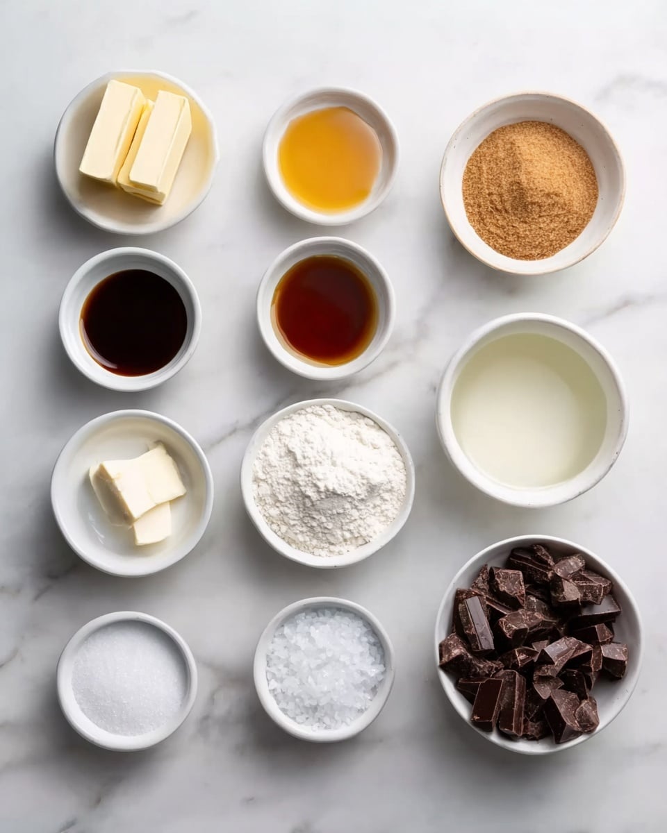 The image shows eleven small white bowls arranged neatly on a white marbled surface. The top row has four bowls: two small rectangular blocks of butter, light brown soft brown sugar, golden honey, and creamy light beige liquid. The middle row has four bowls: dark brown vanilla extract, pure white baking powder, pure white flour, and clear water. The bottom row has three bowls: white granulated sugar, small white salt crystals, and dark brown chocolate chunks. The colors and textures vary from smooth and creamy to crumbly and solid. Photo taken with an iphone --ar 4:5 --v 7