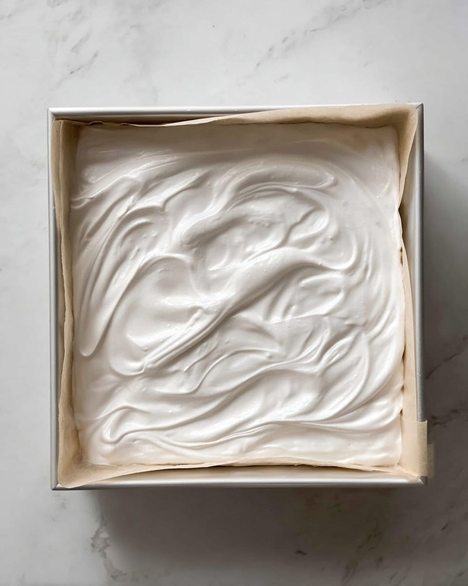 A square baking pan with a layer of smooth, shiny, white meringue spread evenly on parchment paper inside. The meringue has soft, wavy peaks and swirls visible on the surface, giving it a light and airy texture. The pan is placed on a white marbled surface. photo taken with an iphone --ar 4:5 --v 7