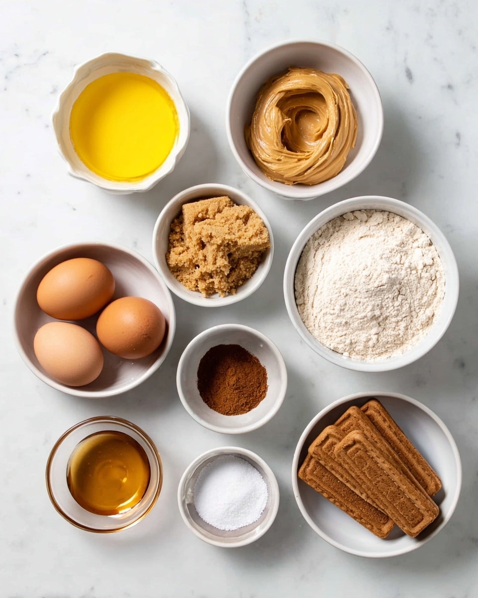 There are nine small white bowls and one clear bowl, each with a different ingredient arranged neatly on a white marbled surface. The top row has three bowls with yellow melted butter, smooth light brown peanut butter, and light brown brown sugar with a crumbly texture. Below, on the left, a white bowl holds two whole brown eggs, next to a clear bowl with golden vanilla extract. To the right of those, a white bowl is filled with soft white flour. The bottom row has three small white bowls: the first with brown cinnamon powder, the second with white salt crystals, and the third with four rectangular Lotus spice cookies stacked loosely. photo taken with an iphone --ar 4:5 --v 7