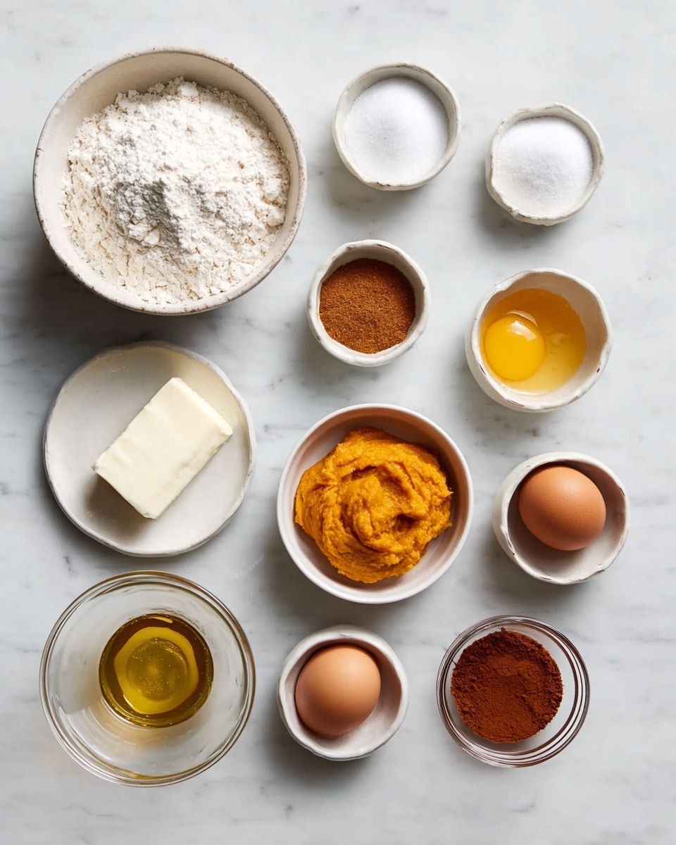 The image shows 13 small bowls and dishes arranged neatly on a white marbled surface. Starting from the top row, there is a larger white bowl filled with flour to the left, followed by three smaller white bowls containing a white powder, brown powder, and salt respectively. Next to them is a white dish holding a white block of cream cheese. Below, to the left, there is a small white bowl filled with sugar, beside it a clear glass bowl with a raw egg yolk, and a golden metal cup with melted butter. Below that, a small white bowl holds a whole brown egg. Next to it, a small orange bowl contains thick orange pumpkin puree. Finally, there is a clear small glass bowl filled with amber liquid, and a smaller brown bowl with more brown powder. The arrangement of the dishes creates a clean and organized feel. photo taken with an iphone --ar 4:5 --v 7
