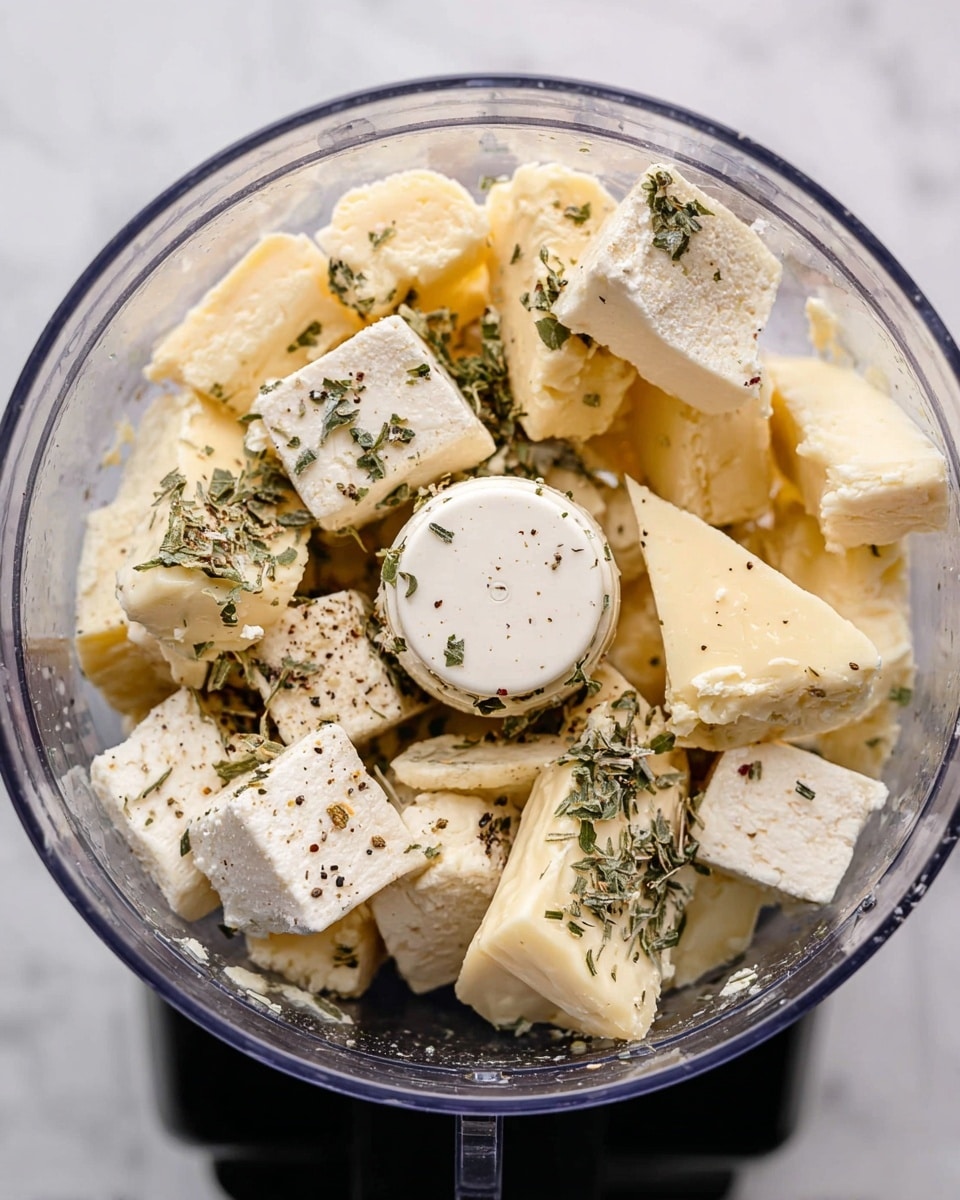 A close-up view inside a clear food processor bowl filled with large chunks of cheese in different pale yellow and creamy white shades with soft textures. The cheese pieces have white rind edges and are sprinkled with green herb leaves and black pepper bits, scattered unevenly across the cheese. The food processor blade center is visible in the middle, white and slightly speckled. The setup is placed on a black base against a white marbled surface. photo taken with an iphone --ar 4:5 --v 7