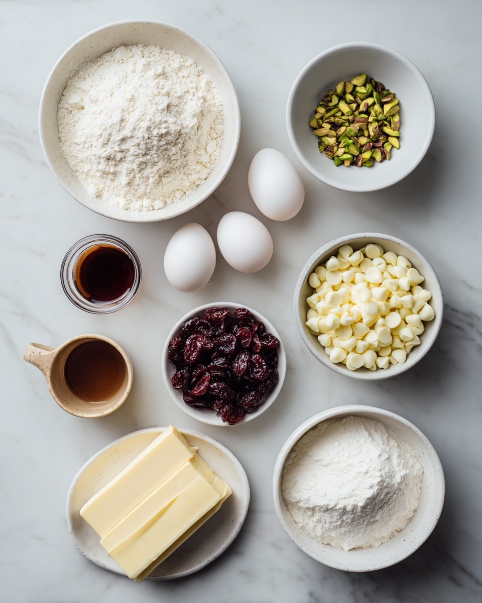 The image shows a collection of baking ingredients arranged neatly on a white marbled surface. There are nine separate containers and items: a large white bowl filled with white flour on top left, a small white bowl with chopped green pistachios on top right, three white eggs placed together in the center, a small white bowl with dark red dried cranberries next to the eggs, a small clear bowl containing white baking powder near the eggs, a small tan cup with dark brown vanilla extract below the baking powder, a large white bowl filled with white chocolate chips on the bottom right, a large white bowl with white sugar on the bottom left, and a small white plate holding two sticks of unsalted butter at the very bottom. Each ingredient is clearly labeled with black text on a translucent beige background. photo taken with an iphone --ar 4:5 --v 7
