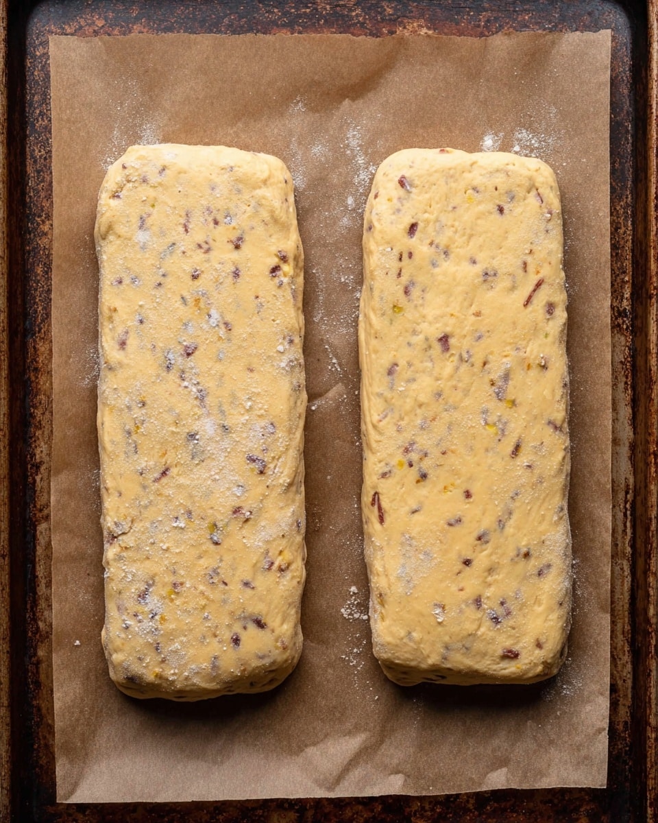 Two rectangular dough blocks spread out evenly on brown parchment paper over a rusty baking tray. The dough is light yellow with small dark and colorful bits mixed inside, giving it a speckled look. Both pieces have smooth, slightly uneven surfaces with a bit of flour dusted on them, and the edges are softly rounded. The layout is simple with no other items around, showing the dough ready to bake. photo taken with an iphone --ar 4:5 --v 7