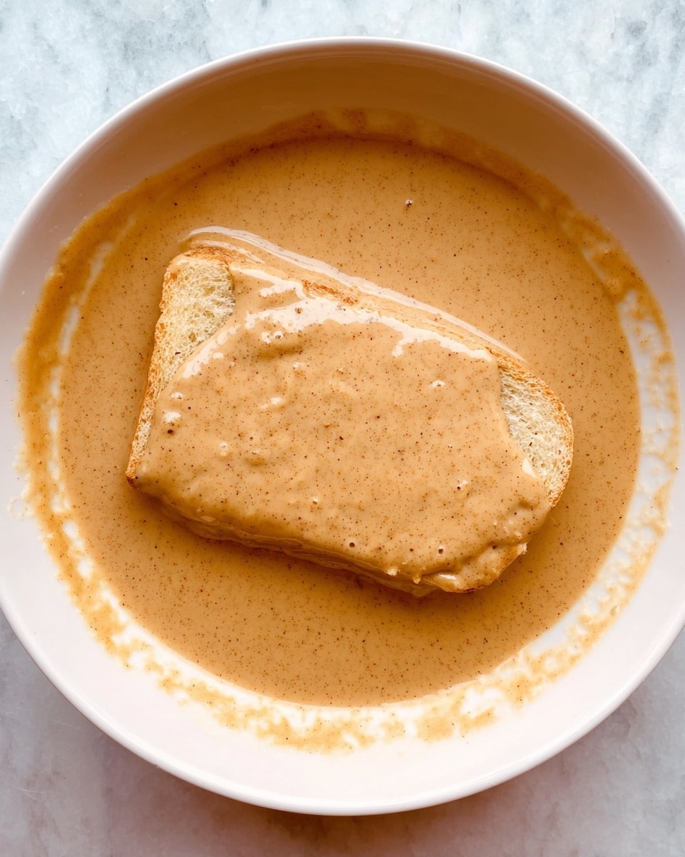 A close-up top view of a white bowl filled with a thick, light brown sauce with specks throughout, covering a single rectangular piece of food partially submerged in the sauce. The food piece is also coated evenly with the sauce, showing smooth, creamy texture with slight gloss. The bowl is placed on a white marbled surface. photo taken with an iphone --ar 4:5 --v 7