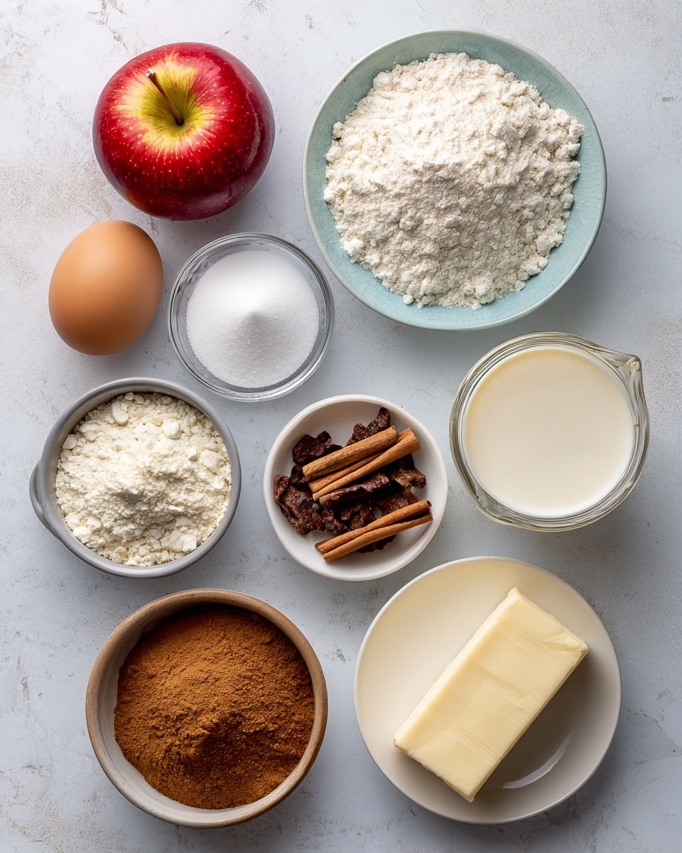 The image shows a flat lay of baking ingredients on a white marbled surface. At the top left is a shiny red apple with yellow-green near the stem. To the right, flour with a soft powdery texture fills a white plate with light blue inside. Below the apple is a small glass bowl of white baking powder, while below the flour is a white bowl filled with smooth white sugar. Next to that is a white bowl holding small, dark brown cinnamon bits with a rough texture. An egg with a smooth white shell is placed beside the cinnamon bits. At the bottom left, a gray bowl is filled with fluffy powdered sugar. Nearby, a wooden bowl holds a ground cinnamon powder of warm brown color. A clear glass jug contains creamy white heavy cream, and a small round white bowl has dark amber vanilla liquid. In the bottom right, a white plate holds a rectangular stick of pale yellow unsalted butter with a soft texture. The items are spread out neatly with labels over them. photo taken with an iphone --ar 4:5 --v 7