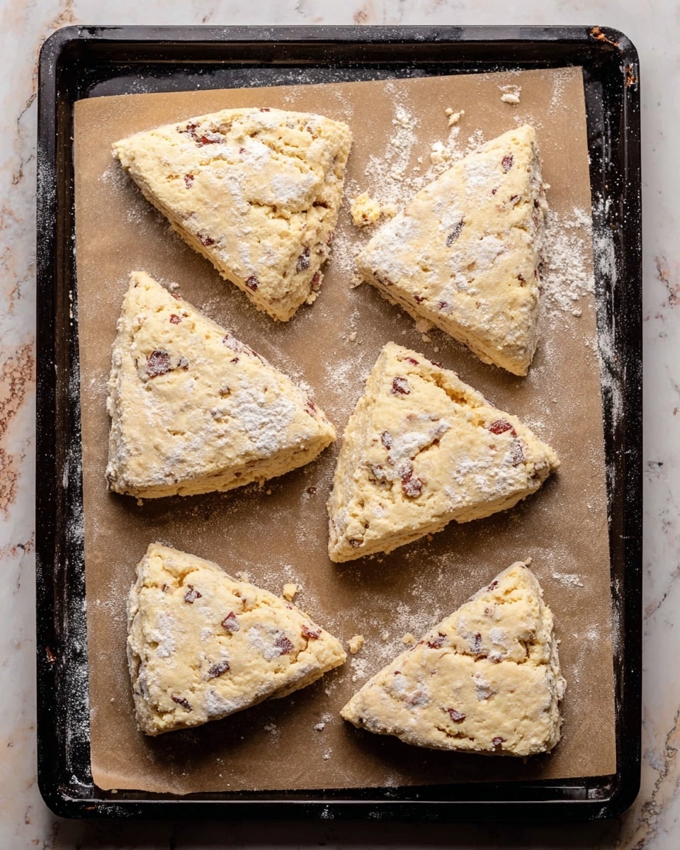 There are eight triangular scone dough pieces placed on a brown parchment paper over a black baking tray. The dough is pale yellow with small chunks of dark and red bits mixed throughout, giving it a slightly rough and uneven texture. White flour is dusted over the dough pieces and parchment paper, adding a powdery look. The tray sits on a surface with a white marbled texture. The edges of the triangles are somewhat irregular, showing a handmade feel. Photo taken with an iphone --ar 4:5 --v 7