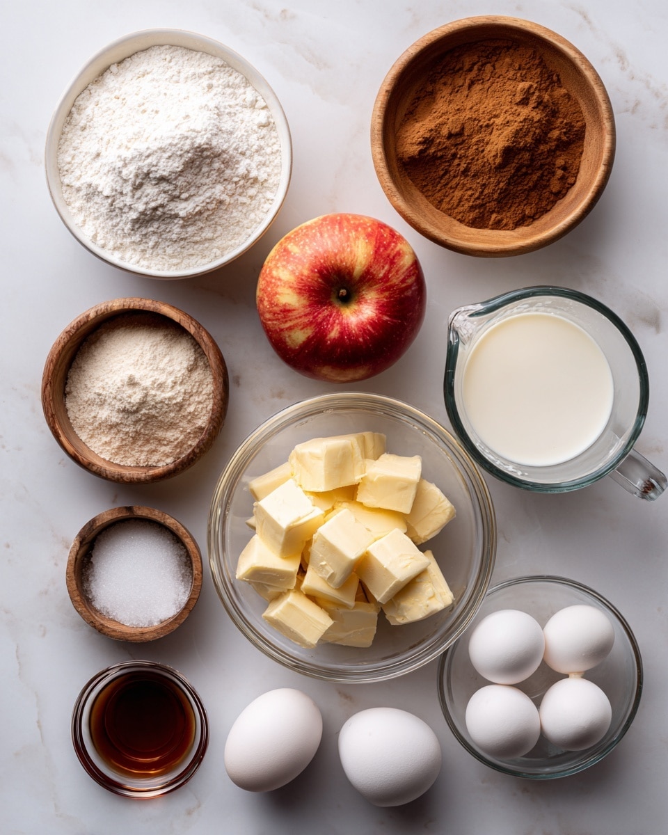 The image shows a white marbled surface with various ingredients arranged neatly. On the left, a small white bowl is filled with white sugar, above it a medium wooden bowl holds white flour. Next to the flour, a small wooden bowl contains brown cinnamon powder. To the right of the cinnamon, a clear glass measuring cup is filled with white milk. Below the milk, a clear glass bowl has light yellow unsalted butter cubes. In the center of the image is a shiny red apple with some yellow and green near the top. Below the apple, a tiny wooden bowl holds white baking powder. To the bottom left of the apple, a small clear glass bowl contains dark brown vanilla extract. Three white eggs are placed in a slightly curved line at the bottom center. All items are shown clearly and neatly spaced on the white marbled background photo taken with an iphone --ar 4:5 --v 7