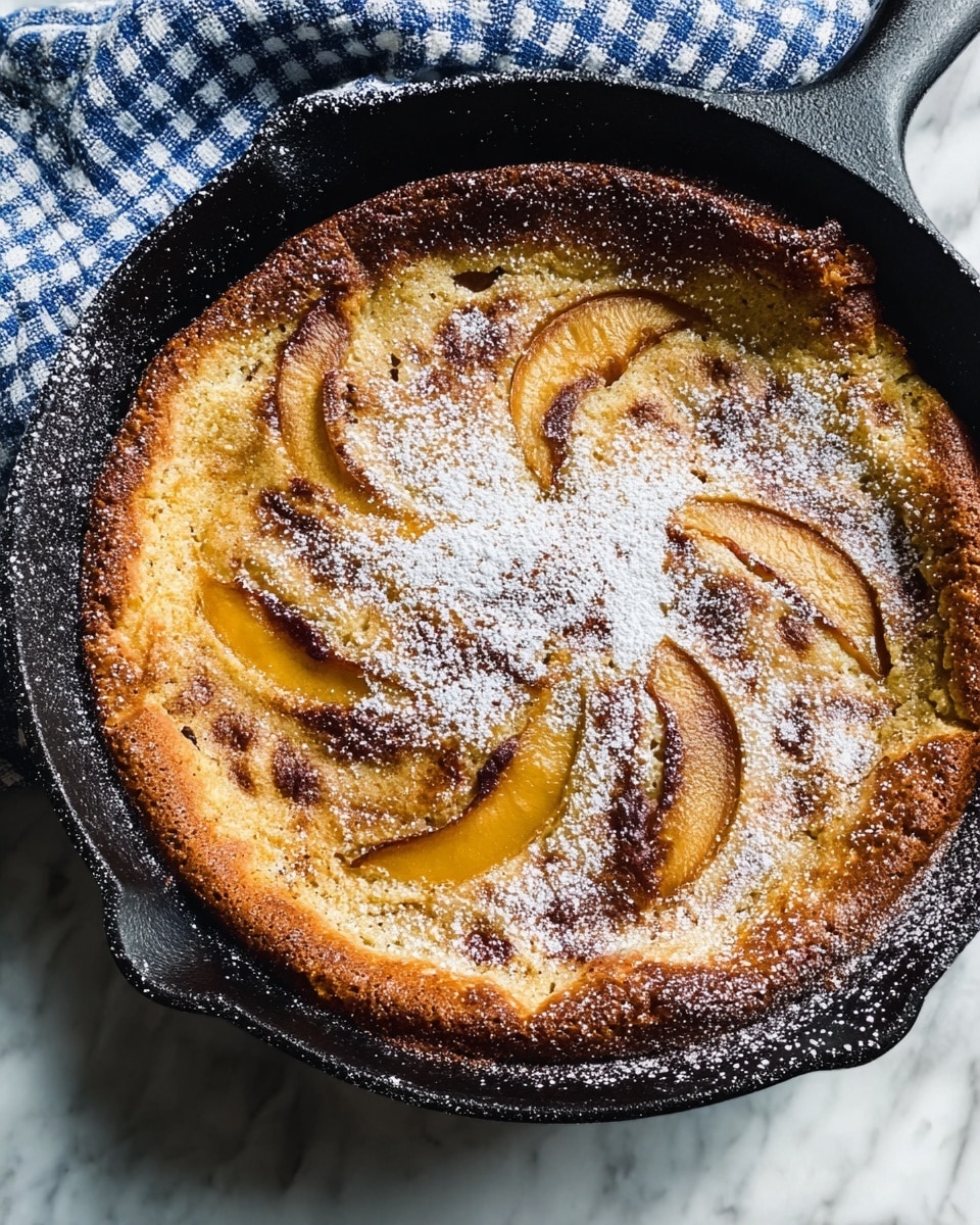 The image shows a round baked dessert in a black skillet with a light brown crust that has darker, caramelized edges. On top, there are several thin, curved slices of fruit layered in the center, slightly sunken into the crust. The surface is dusted with a fine layer of white powdered sugar, giving it a soft, snowy look. The skillet sits on a white marbled surface with a blue and white checkered cloth partially visible at the top. The contrast between the golden brown dessert and the black skillet makes the dish look warm and inviting. photo taken with an iphone --ar 4:5 --v 7