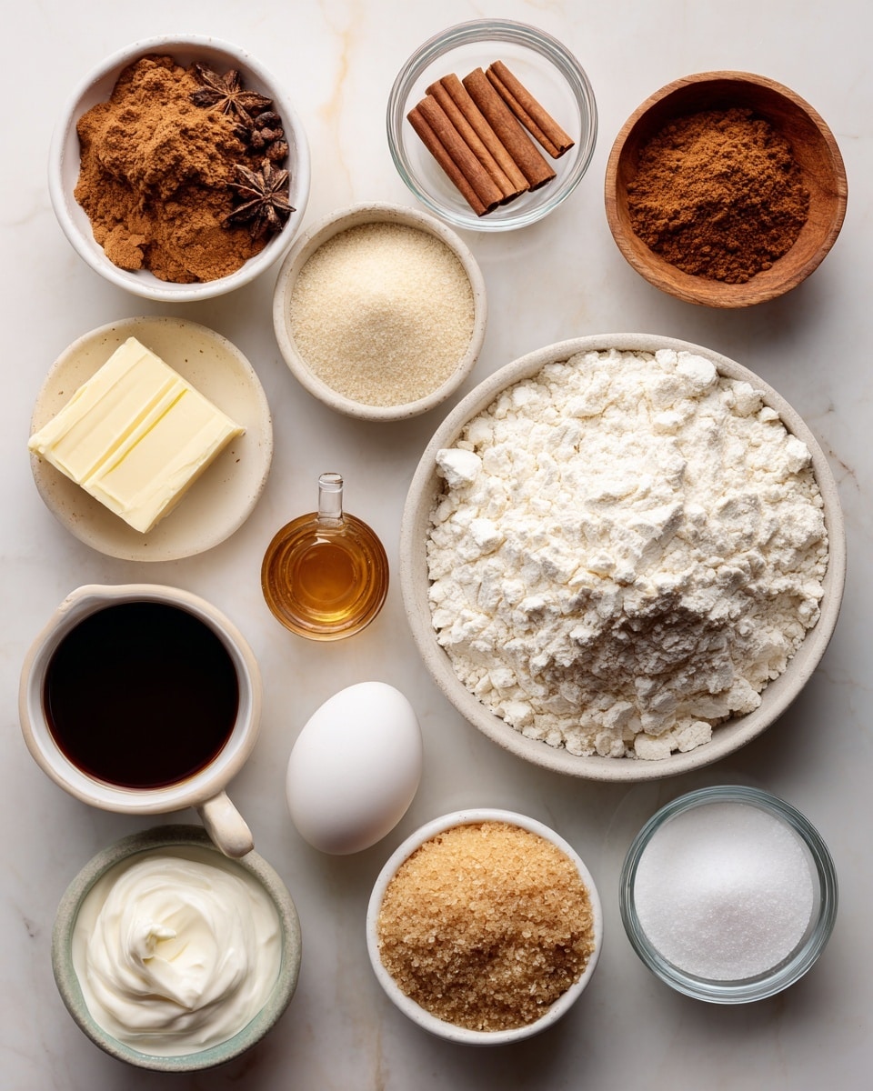 A flat lay of various baking ingredients arranged on a white marbled surface. At the center right is a white bowl filled with a heap of white flour. Above it, a small wooden bowl holds white baking soda. To the top left, a white bowl contains three piles of spices: cinnamon in brown, cloves in dark reddish-brown, and ginger in light beige. Near it, a small white bowl holds a stick of pale yellow butter. Below, an egg with a white shell is placed next to a small ceramic bowl filled with dark brown vanilla liquid. To the left, a white cup holds thick, dark brown molasses. Below the molasses is a small white bowl with light brown sugar. In the lower left corner, a small white bowl holds white sour cream, and next to it, another white bowl contains coarse brown sugar with big grains. A small glass measuring cup with neutral oil sits near the baking soda, showing pale yellow liquid. Photo taken with an iphone --ar 4:5 --v 7