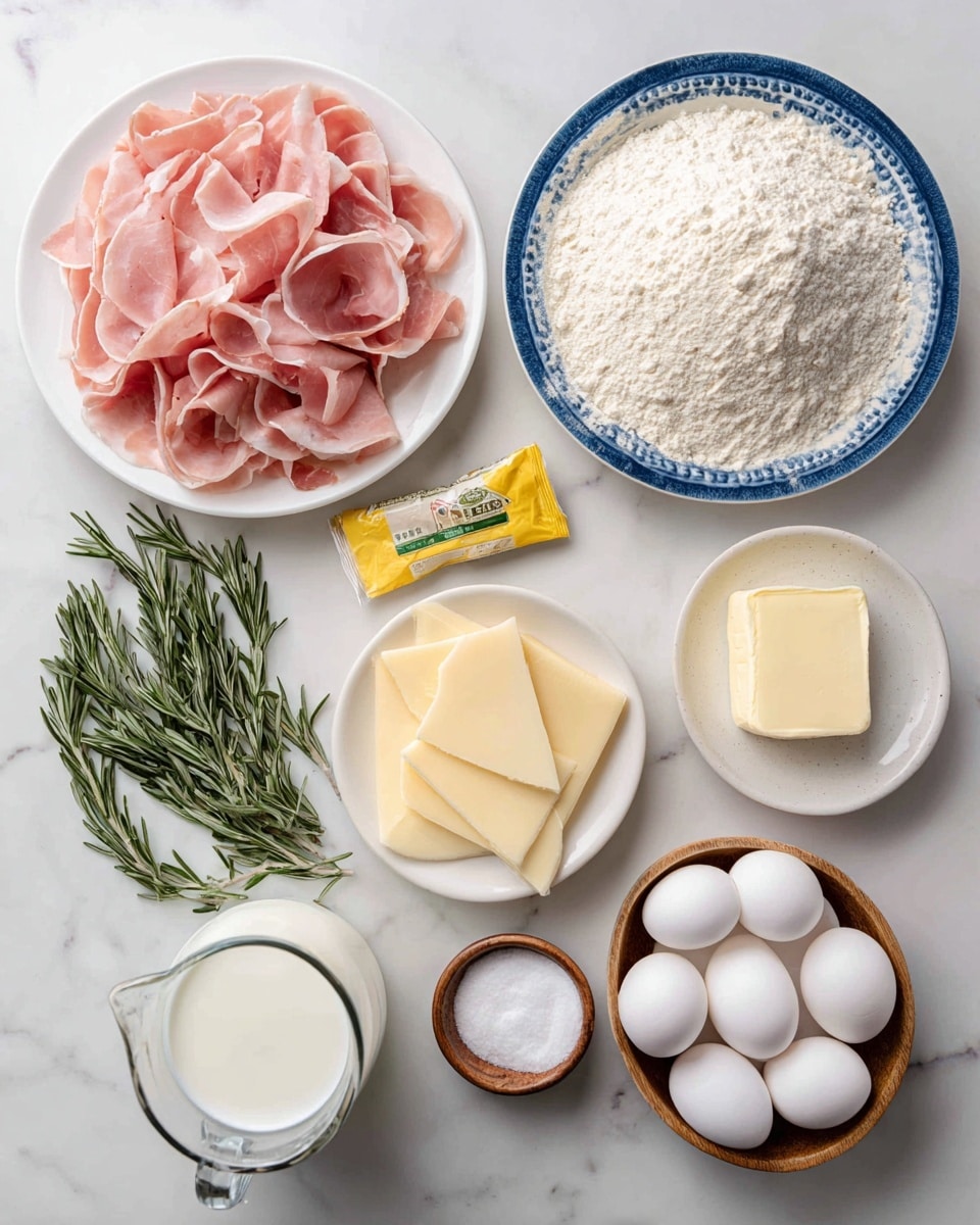 The image shows a top view of various cooking ingredients arranged neatly on a white marbled surface. On the top left, a white plate holds a large pile of thinly sliced pink Virginia ham next to slices of pale yellow Gruyere cheese. To the right, a large white plate with a blue edge is heaped with white bread flour. Below the flour, a small yellow packet of yeast lies flat. Towards the bottom left, there is a glass measuring cup with white heavy cream inside, next to a small light brown bowl of white sugar, and a small wooden bowl filled with white salt. On the bottom right, a white plate holds a stick of butter, positioned above a white bowl filled with several white eggs. At the bottom left corner, sprigs of fresh green rosemary are arranged diagonally. All items are placed in a clean and simple layout to show the ingredients clearly. photo taken with an iphone --ar 4:5 --v 7