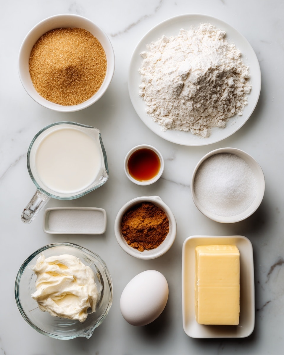 The image shows various baking ingredients arranged neatly on a white marbled surface. Starting from the top left, there is a small white bowl filled with light brown sugar with a grainy texture. To the right is a white plate with a pile of white flour that has a soft and powdery appearance. Below the flour, a white bowl holds white powdered sugar with a fine texture. Next to it on the right side is a small white cup filled with dark amber liquid vanilla. On the left side, there is a clear glass measuring cup half-filled with white milk, below which is a small white dish with a rectangular piece of yellow butter. Nearby is a small clear bowl containing brown cinnamon powder. Below the butter is a white bowl holding a block of cream cheese with a smooth texture. In the middle, a white egg with a slightly shiny shell sits on the surface. Finally, a small round clear bowl filled with white granulated sugar and a yellow packet of yeast labeled “RapidRise” complete the arrangement. photo taken with an iphone --ar 4:5 --v 7