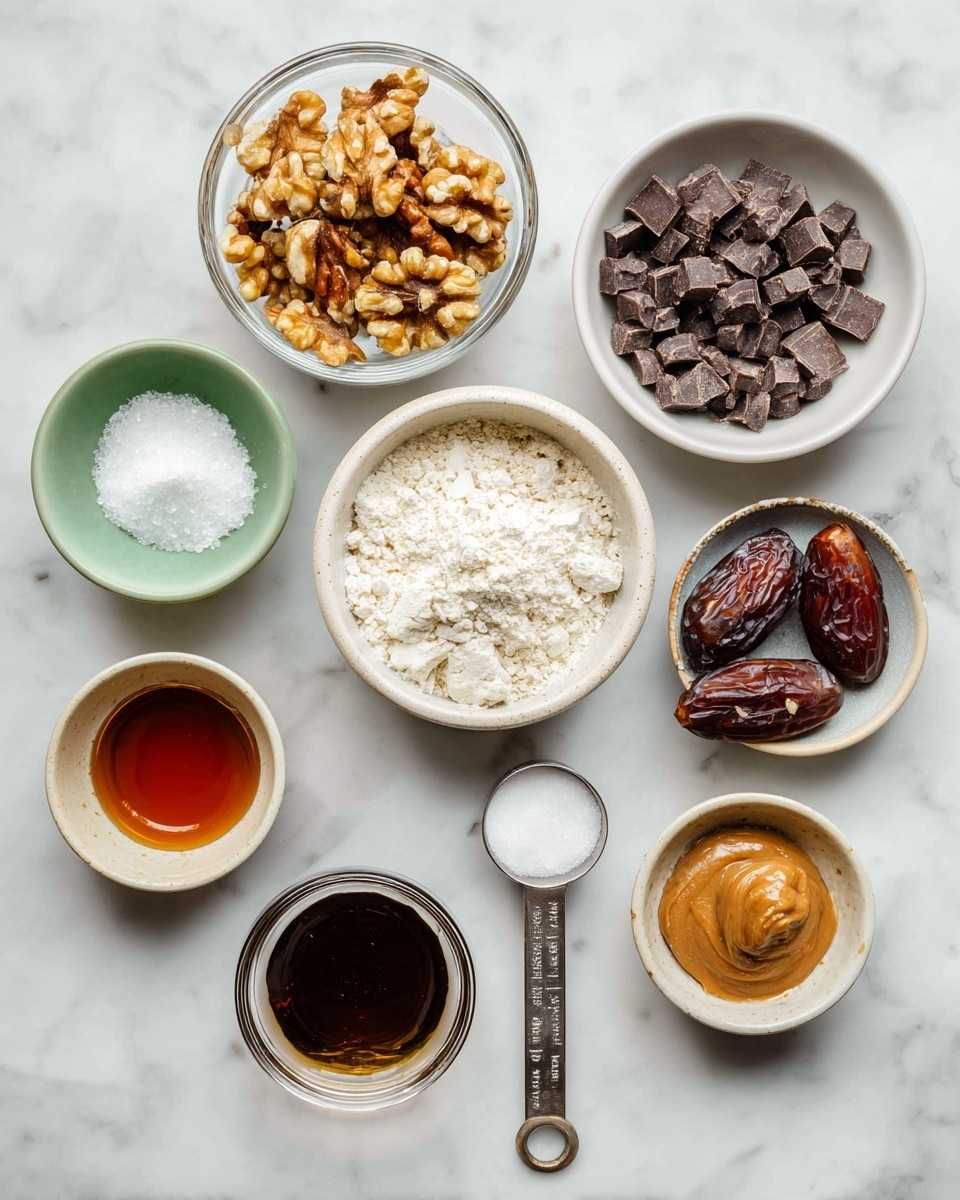 The image shows a flat lay of various small bowls and measuring spoons with ingredients arranged on a white marbled surface. At the top center, a clear glass bowl holds chopped walnuts in light brown and cream colors. To its right, a small white bowl contains dark brown chocolate chips. Below, a white bowl with maple syrup shows a rich amber liquid. To the left of that, another white bowl holds solid dates that are dark brown and slightly shiny. A metal measuring spoon with white almond flour, powdery and pale, points inward from the right side. At the bottom center, a clear glass bowl has smooth almond butter in light brown. Above that, a small white bowl holds coarse white salt, while to the left, a metal measuring spoon contains solid white coconut oil. At the top left corner, a small white bowl holds dark brown vanilla extract. Each bowl and spoon is neatly separated and labeled with black text. Photo taken with an iphone --ar 4:5 --v 7
