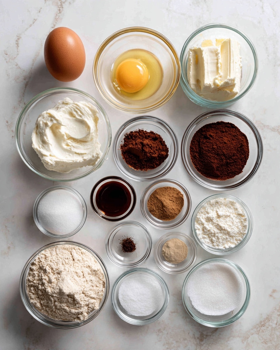 The image shows a variety of small clear glass bowls and one brown egg arranged neatly on a white marbled surface. At the top left is a single brown egg, next to a bowl of melted yellow butter. To the right, there's a bowl filled with white cream cheese. Below the egg and butter, three small bowls hold white heavy cream, dark brown cocoa powder, and light brown ginger powder. In the middle, tiny bowls contain brown cinnamon, dark vanilla extract, white baking powder, and a small pile of water. Toward the bottom left, there is a bigger bowl with light beige almond flour. On the right side, from top to bottom, bowls contain white gelatin, white powdered sweetener, white almond milk, and white granulated sweetener. At the bottom left is a small bowl with salt. All bowls are transparent and the items appear clean and well organized. The photo has bright lighting and is clear and sharp, photo taken with an iphone --ar 4:5 --v 7